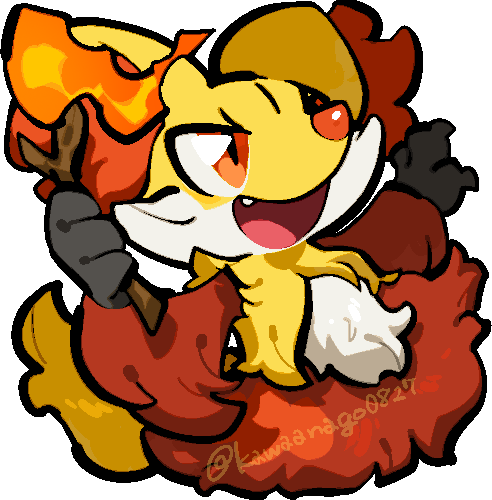 kawaanago, delphox, nintendo, pokemon, commentary request, lowres, animal ear fluff, chibi, chibi only, fang, fire, full body, gen 6 pokemon, holding, holding stick, open mouth, orange eyes, pokemon (creature), pokemon focus, smile, solo, stick, transparent background, twitter username