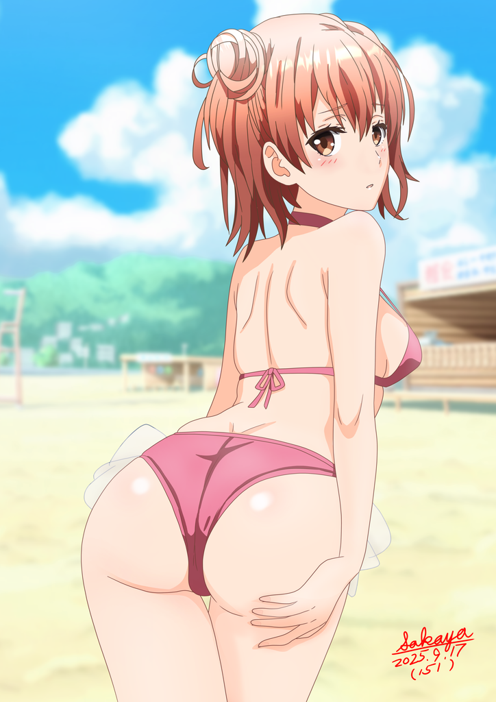sakayaya, yuigahama yui, yahari ore no seishun lovecome wa machigatteiru., commentary request, 1girl, artist name, ass, back, beach, bikini, blue sky, blurry, blurry background, breasts, brown eyes, cloud, dated, from behind, large breasts, orange hair, outdoors, purple bikini, short hair, sideboob, sky, solo, swimsuit