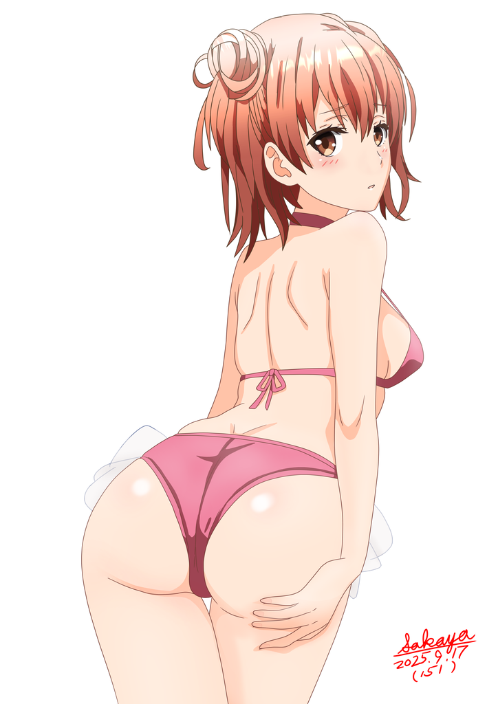 sakayaya, yuigahama yui, yahari ore no seishun lovecome wa machigatteiru., commentary request, 1girl, artist name, ass, back, bikini, breasts, brown eyes, dated, from behind, large breasts, orange hair, purple bikini, short hair, sideboob, solo, swimsuit, white background