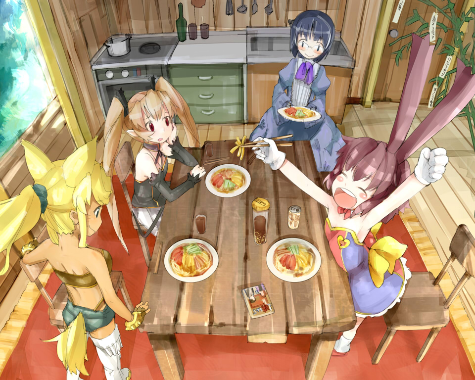 harepore, aiko (magipoka), liru, pachira, yuuma (magipoka), renkin san-kyuu magical pokaan, 4girls, :d, ^ ^, android, animal ears, armpits, arms up, blonde hair, bottle, brown hair, can, chopsticks, closed eyes, demon girl, detached sleeves, eating, extra ears, fingerless gloves, food, from above, glasses, gloves, multiple girls, o/, open mouth, outstretched arms, oven, ponytail, red eyes, smile, stove, table, tail, tail hole, twintails, vampire, werewolf, witch, wolf ears, wolf tail