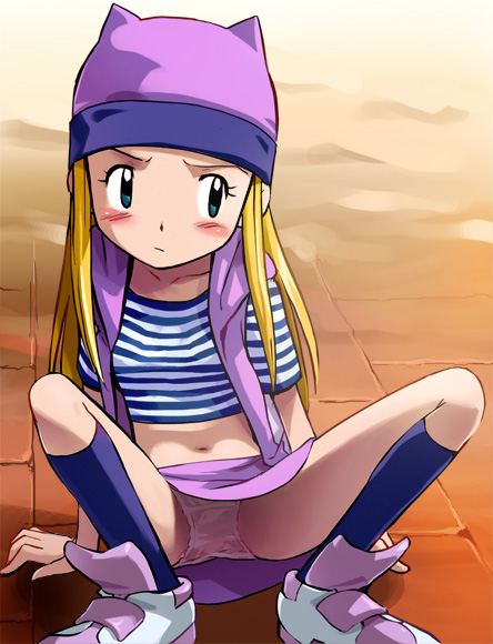 haruyama kazunori, orimoto izumi, digimon, digimon frontier, 00s, 1girl, aqua eyes, arm support, beanie, blonde hair, blue eyes, blush, crop top, embarrassed, female focus, flat chest, hat, hat with ears, kneehighs, lace, lace-trimmed panties, lace trim, loli, long hair, midriff, navel, panties, pantyshot, pink panties, shirt, shoes, sitting, skirt, sneakers, socks, solo, spread legs, squatting, striped clothes, striped shirt, underwear, upskirt