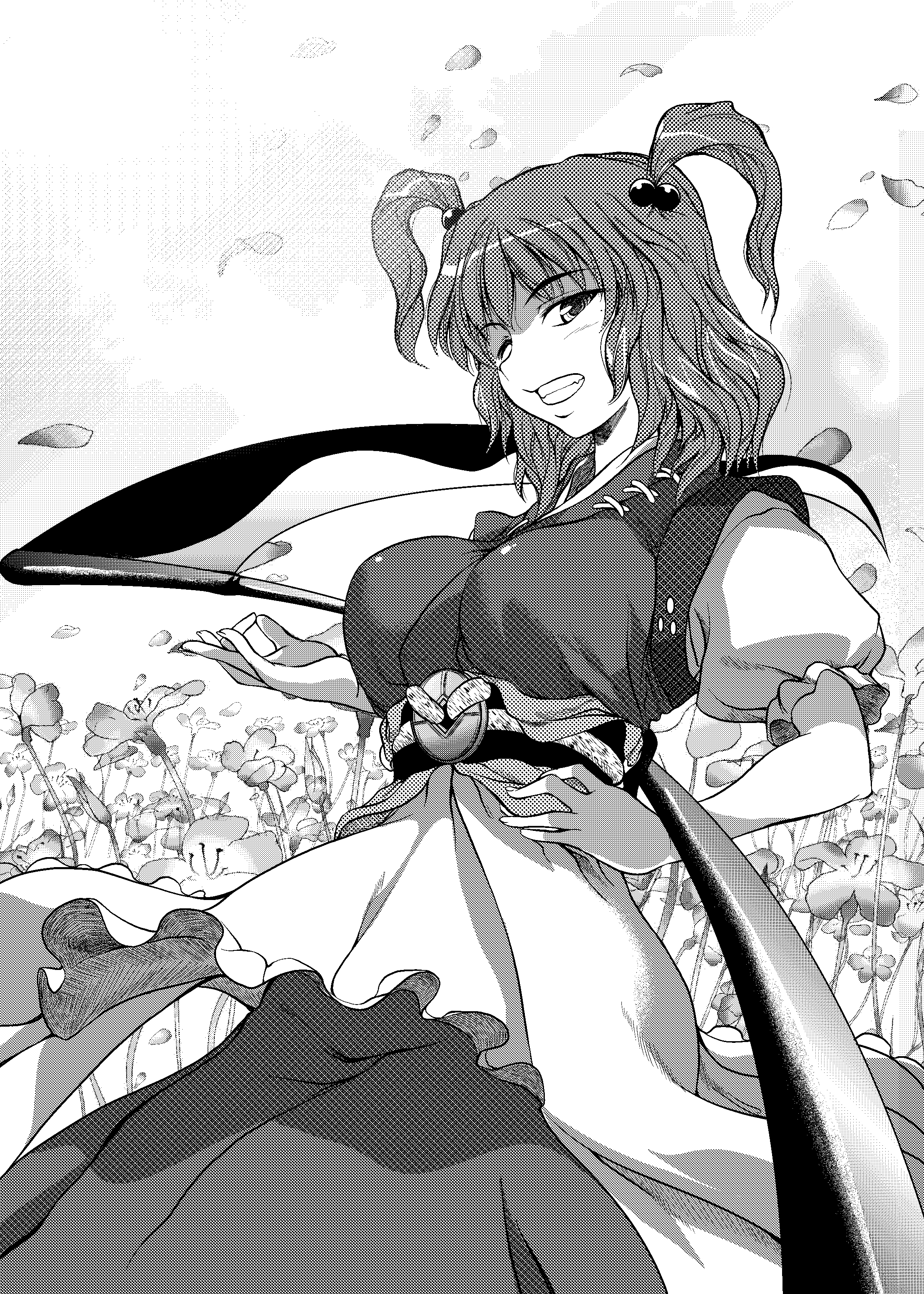soba (saz), onozuka komachi, touhou, absurdres, bad id, bad pixiv id, highres, 1girl, breasts, female focus, flower, greyscale, large breasts, monochrome, nature, one eye closed, outdoors, plant, scythe, short hair, soba (pixiv), solo, white background, wink