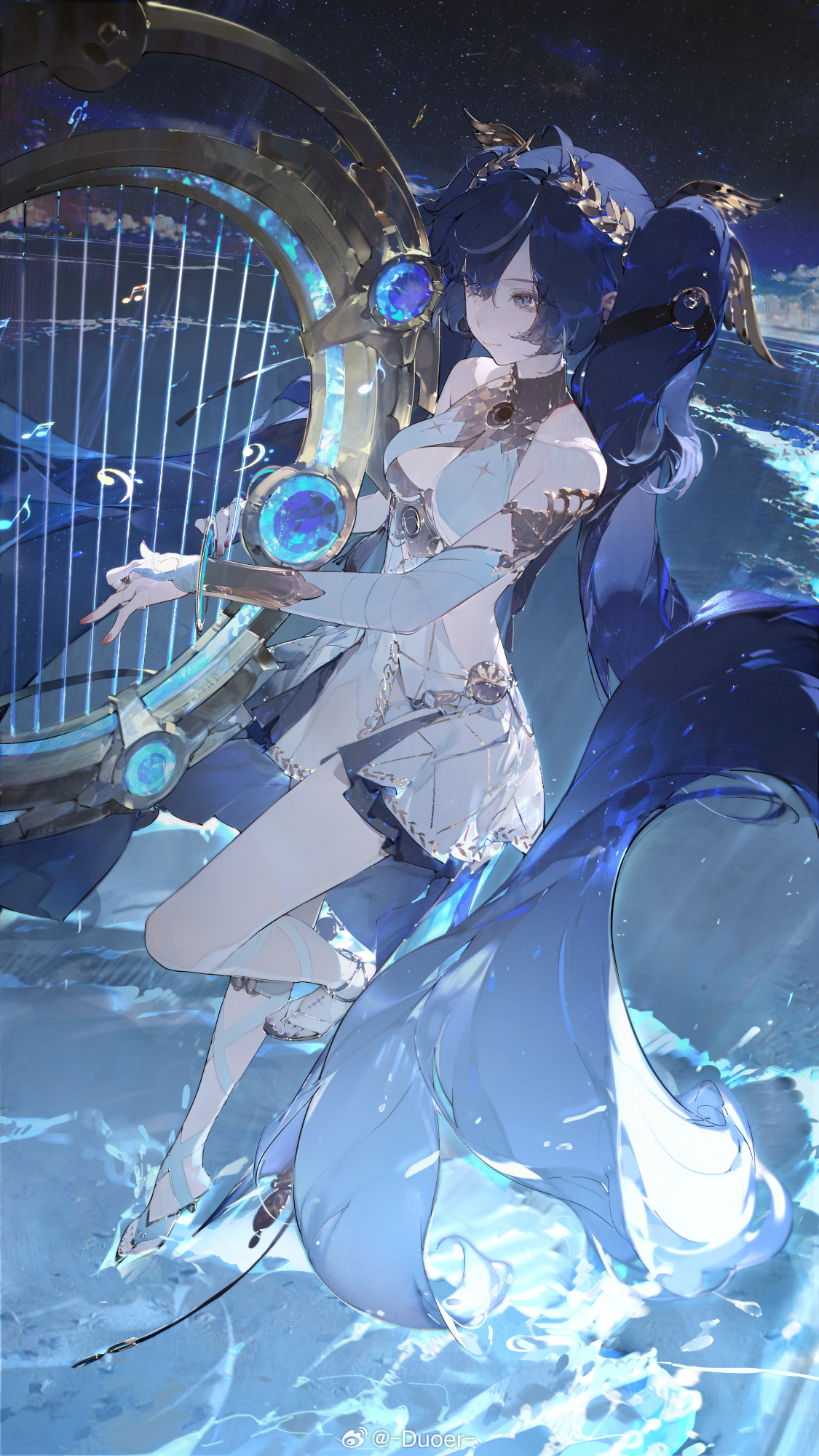 dlgeria, iuno (wuthering waves), wuthering waves, highres, 1girl, ancient greek clothes, armlet, bare shoulders, black skirt, blue eyes, blue hair, breasts, closed mouth, fingernails, gladiator sandals, gold bra, greco-roman clothes, hair belt, head wreath, jewelry, long hair, looking ahead, medium breasts, missing commentary, outdoors, sandals, showgirl skirt, skirt, smile, solo, tacet mark (wuthering waves), thighs, twintails, very long hair, water