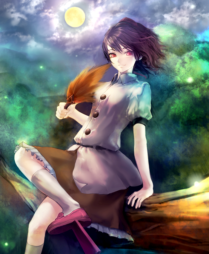 chirigami-san, shameimaru aya, touhou, bad id, bad pixiv id, 1girl, arm support, black hair, female focus, full moon, geta, hat, in tree, moon, night, red eyes, short hair, sitting, sitting in tree, skirt, smile, solo, tengu-geta, tree