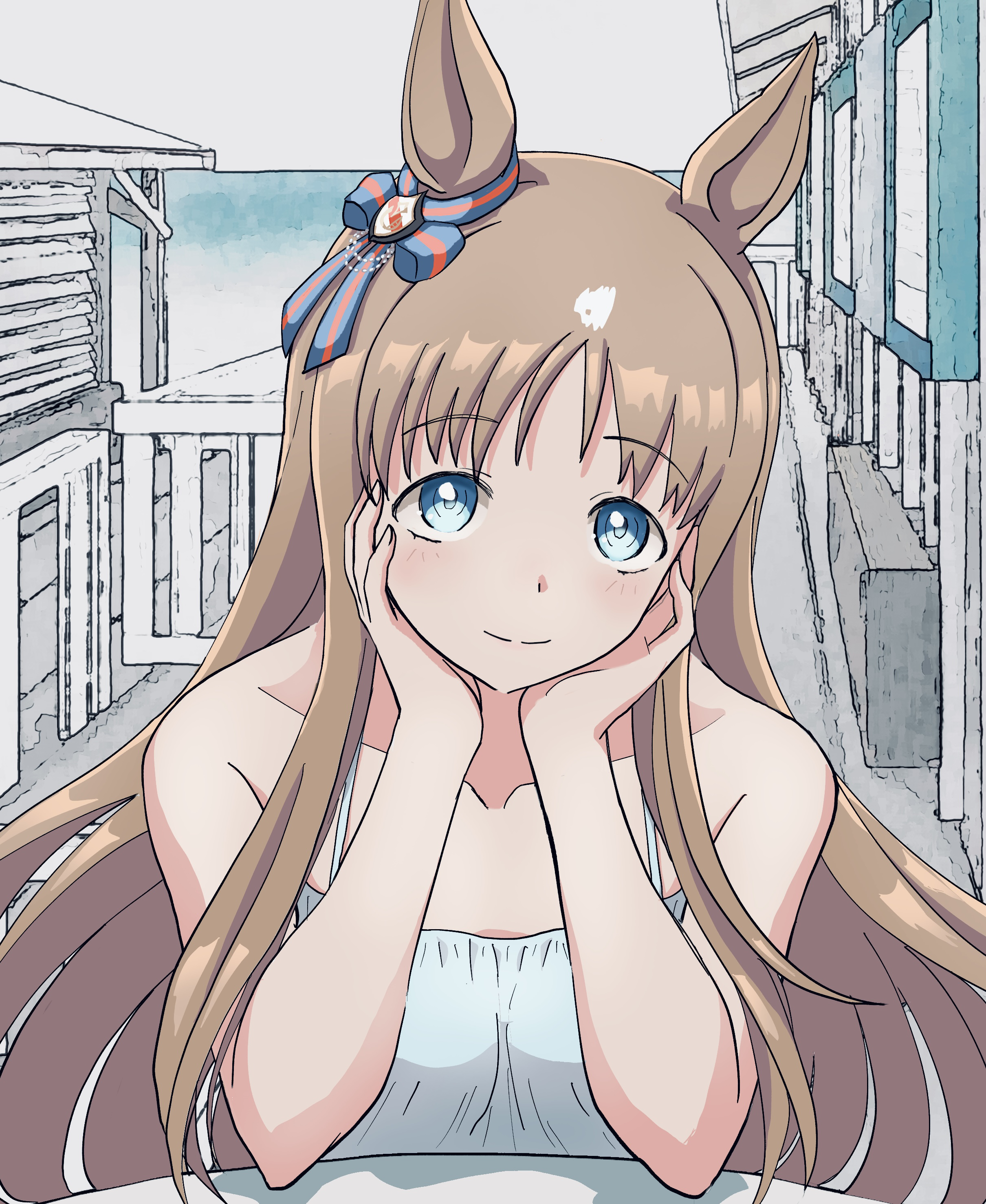 masasim, grass wonder (umamusume), umamusume, absurdres, highres, 1girl, animal ears, bare shoulders, blue eyes, bow, breasts, brown hair, building, closed mouth, collarbone, dress, ear bow, ear ornament, ear ribbon, head rest, horse ears, horse girl, long hair, looking at viewer, multicolored hair, outdoors, sleeveless, sleeveless dress, smile, solo, table, upper body, white dress, white hair