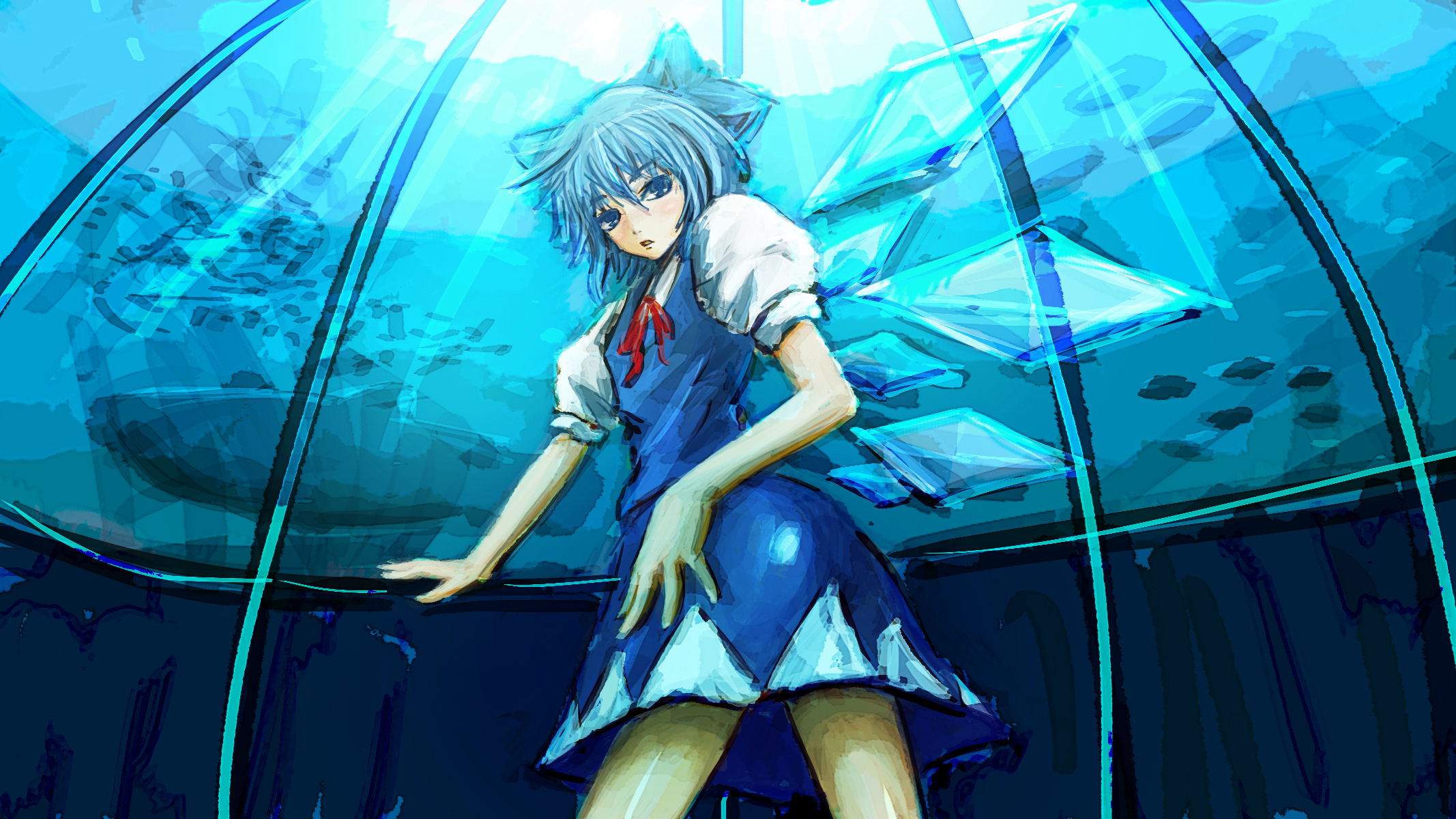 same 2009, cirno, touhou, highres, 1girl, blue hair, blue theme, dress, female focus, ribbon, short hair, solo, wings