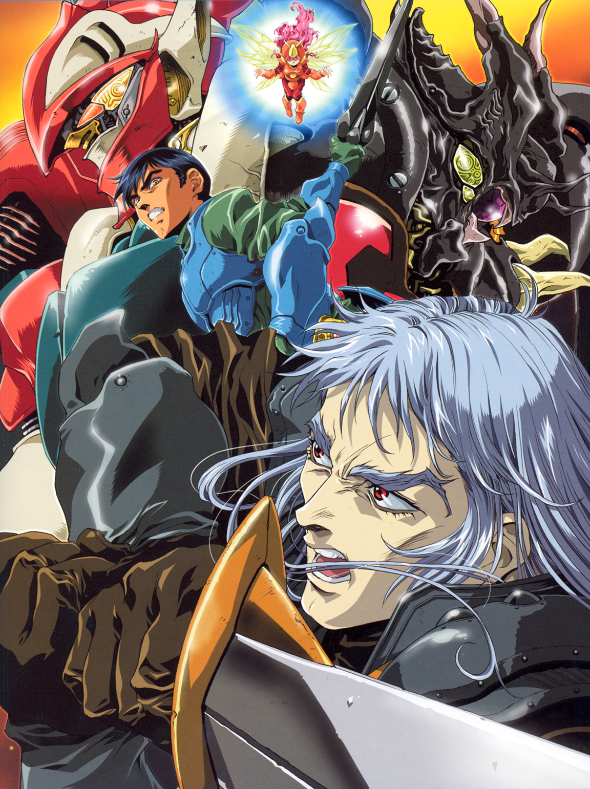 kawarajima kou, billbine, burn burnings, cham fau, shou zama, zwarth, seisenshi dunbine, pilot suit, silver hair, 1980s (style), highres, 1girl, 2boys, black hair, brown eyes, fairy, helmet, mecha, mini person, minigirl, multiple boys, oldschool, open mouth, red eyes, retro artstyle, robot, scar, show zama, sword, weapon