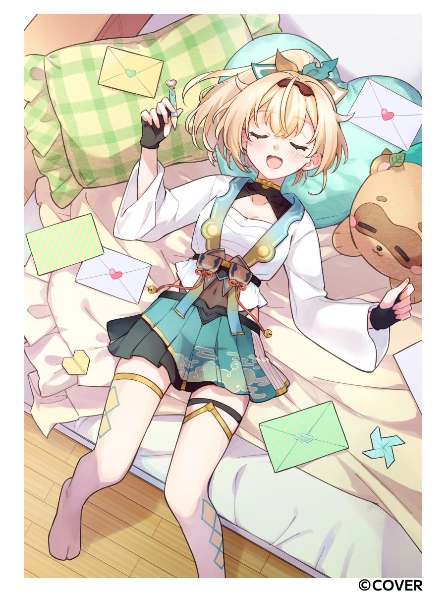 yumenosippo, kazama iroha, pokobee, hololive, commentary request, highres, official art, 1girl, bed, black gloves, blonde hair, breasts, chest sarashi, closed eyes, copyright logo, covered navel, fingerless gloves, gloves, hair intakes, heart, heart-shaped pillow, holding, holding pen, japanese clothes, letter, love letter, lying, medium breasts, miniskirt, on back, origami, paper shuriken, pen, pillow, pleated skirt, ponytail, sarashi, skirt, thighhighs, virtual youtuber, white thighhighs, zettai ryouiki
