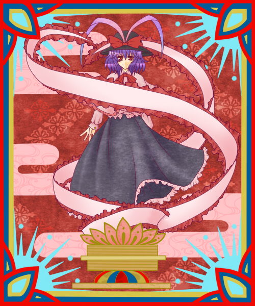 kisaragi you, nagae iku, touhou, 1girl, female focus, hat, purple hair, ribbon, short hair, solo, standing