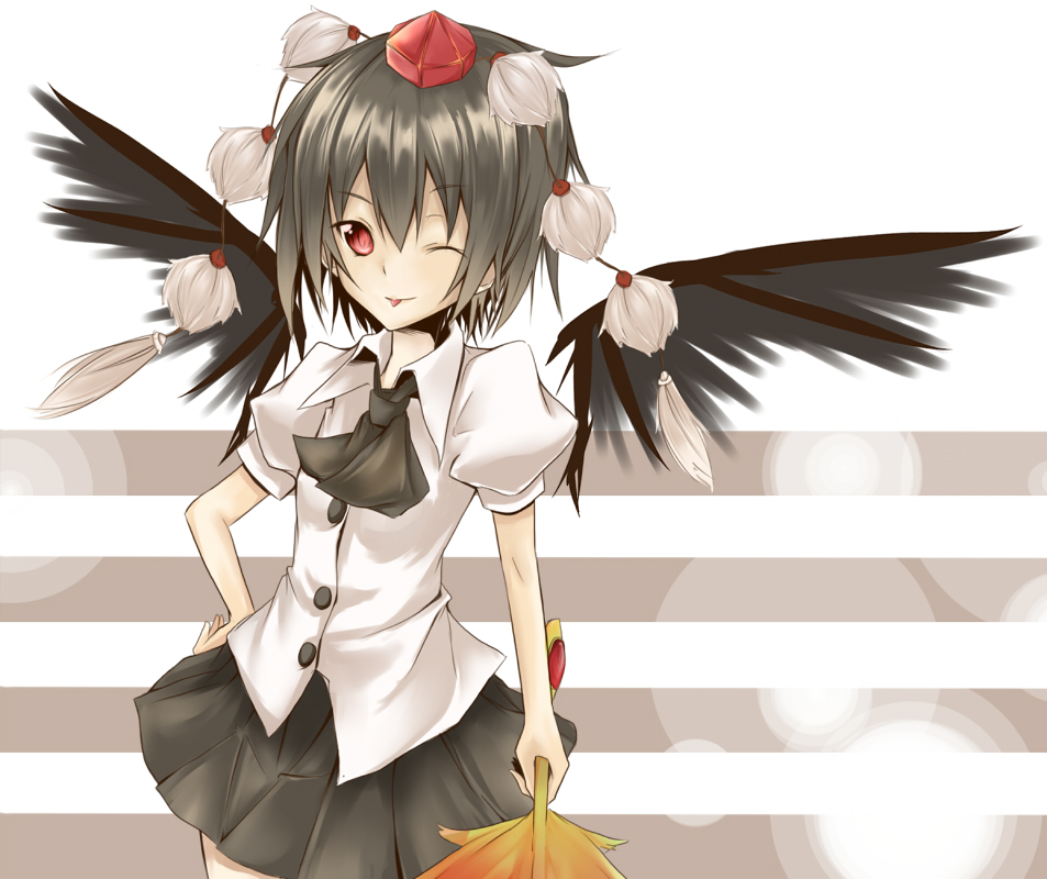 sasaki kouhei, shameimaru aya, touhou, bad id, bad pixiv id, 1girl, :p, ;p, black hair, black wings, female focus, hand fan, hat, one eye closed, short hair, skirt, solo, tokin hat, tongue, tongue out, white background, wings, wink