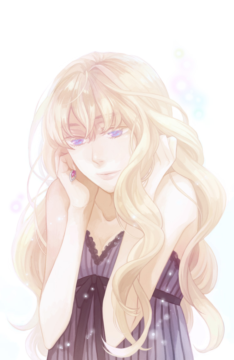 monaka, sheryl nome, macross, macross frontier, 00s, 1girl, blue eyes, closed mouth, collarbone, female focus, frown, half-closed eyes, lips, nightgown, sad, simple background, solo, upper body, wavy hair, white background