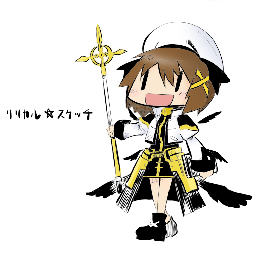 schwertkreuz, yagami hayate, yuno (hidamari sketch), hidamari sketch, lyrical nanoha, mahou shoujo lyrical nanoha, lowres, 1girl, aoki ume (style), female focus, hair ornament, parody, solo, staff, style parody, wide face, x hair ornament
