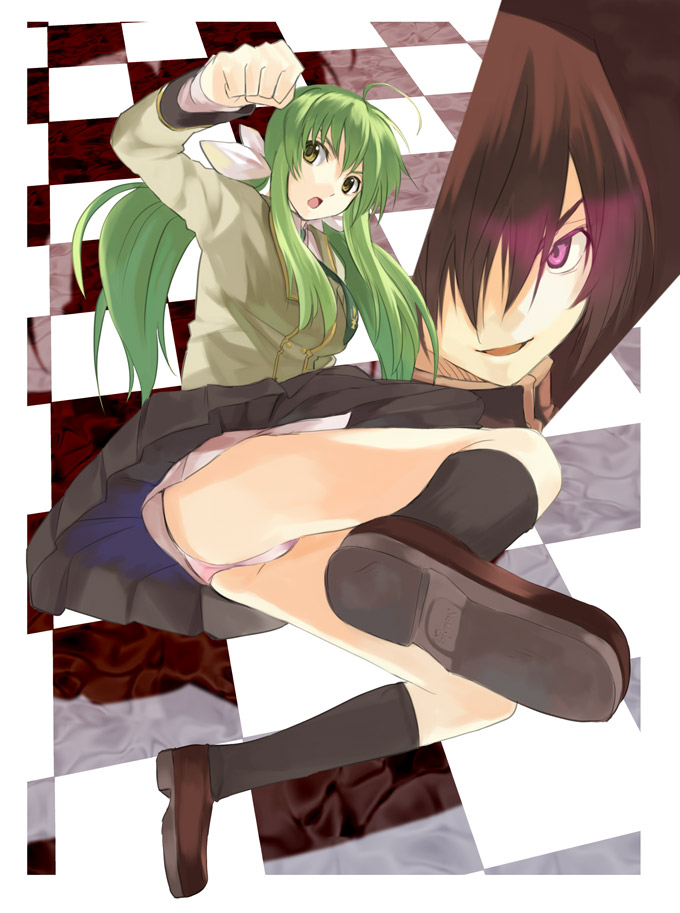 kabocha, kabocha (monkey4), c.c., lelouch vi britannia, code geass, 00s, 1boy, 1girl, ass, checkered floor, floor, green hair, long hair, panties, perspective, ponytail, school uniform, serafuku, skirt, underwear, yellow eyes