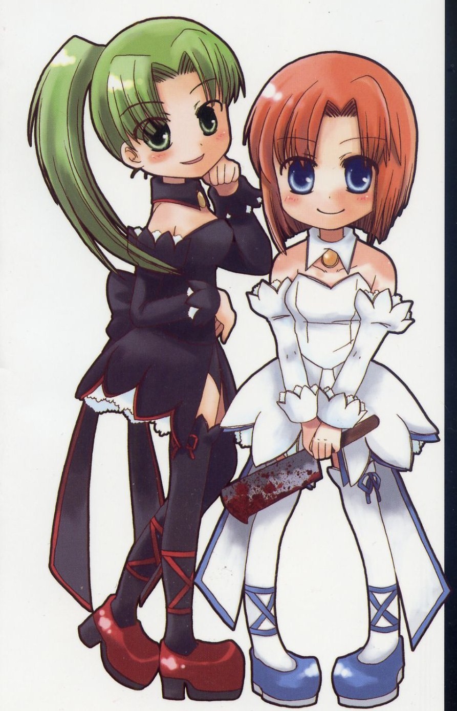 ryuuguu rena, sonozaki mion, higurashi no naku koro ni, black legwear, white legwear, highres, 00s, 2girls, bare shoulders, blush, detached sleeves, dress, full body, glock, green hair, gun, handgun, long sleeves, looking at viewer, multiple girls, orange hair, parted bangs, ponytail, standing, tareme, thighhighs, weapon, white dress, zettai ryouiki