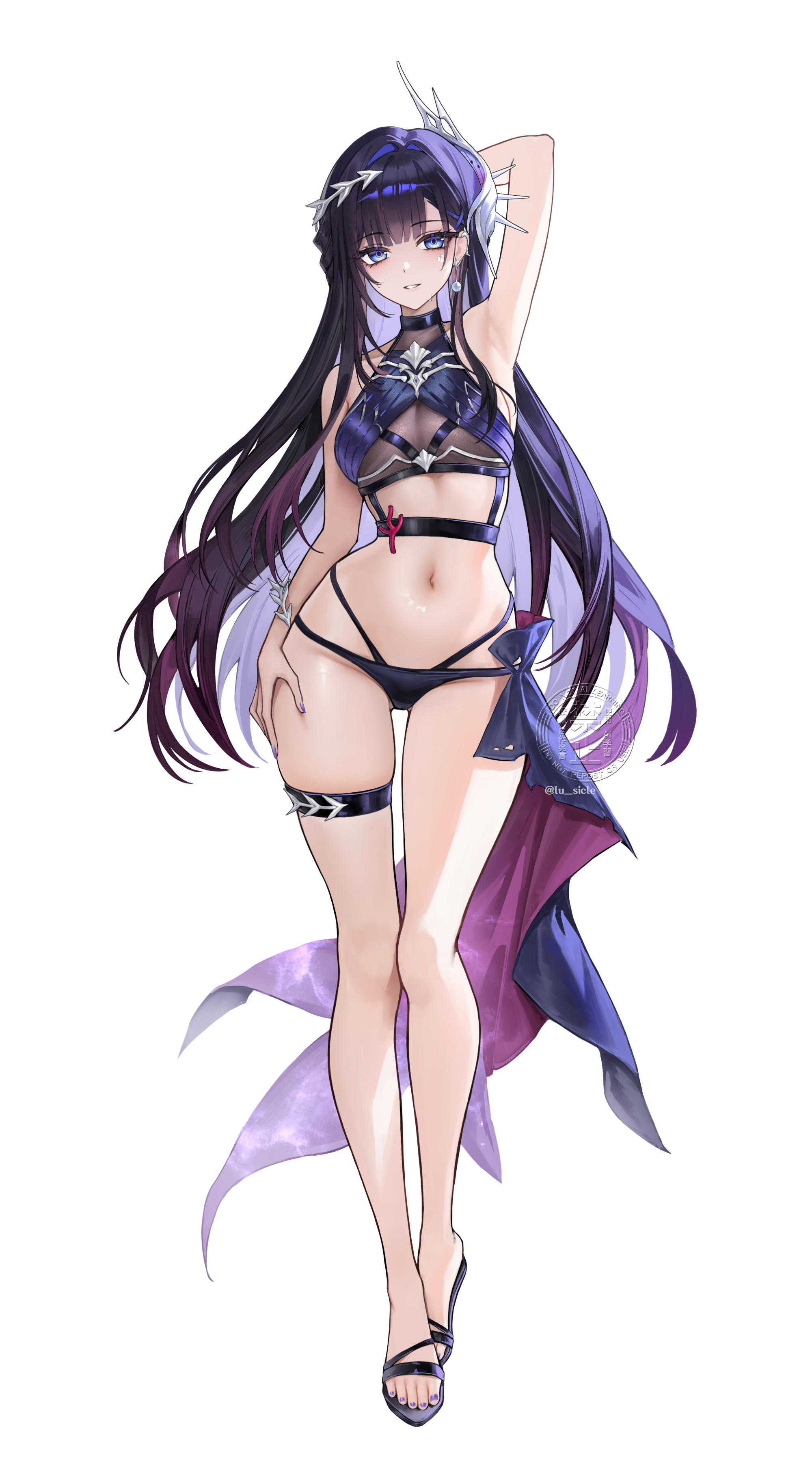 sicle, hysilens (honkai: star rail), honkai: star rail, honkai (series), absurdres, commentary, highres, 1girl, alternate costume, arm behind head, arm up, armpits, bare legs, bare shoulders, bikini, black bikini, blue eyes, breasts, colored inner hair, earclip, full body, gradient hair, hair intakes, hair ornament, hand on own thigh, large breasts, legs, looking at viewer, multi-strapped bikini bottom, multicolored hair, nail polish, navel, parted lips, purple hair, purple nails, scales, simple background, smile, solo, stomach, swimsuit, thigh strap, thighs, toenail polish, toenails, white background