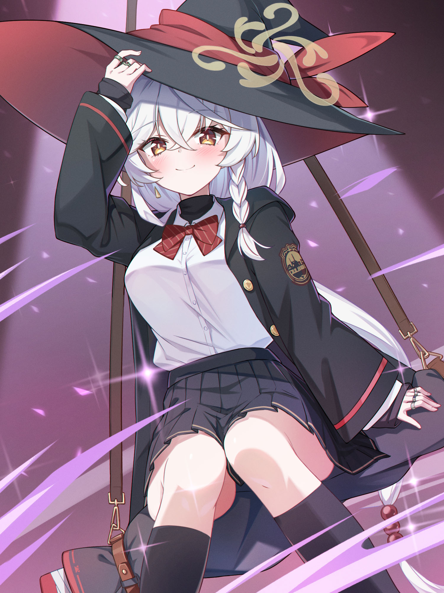 shinori (efvbji6264), eri (blue archive), blue archive, highres, 1girl, bow, bowtie, braid, brown halo, crossed bangs, diagonal-striped bow, diagonal-striped bowtie, diagonal-striped clothes, halo, hat, jewelry, long hair, multiple rings, pleated skirt, red bow, red bowtie, red streaks, ring, shirt, shirt tucked in, side braid, side halo, sitting, skirt, smile, solo, striped bow, striped bowtie, striped clothes, tilted halo, turtleneck, turtleneck shirt, two-sided fabric, two-sided headwear, unbuttoned jacket, white background, white shirt, witch hat