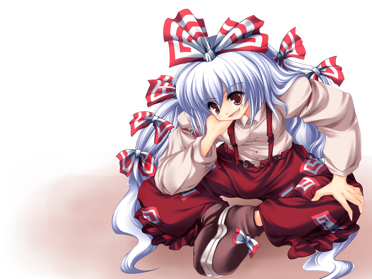 fujiwara no mokou, touhou, 1girl, collared shirt, female focus, full body, long hair, long sleeves, multi-tied hair, ofuda, shirt, shoes, simple background, sitting, solo, suspenders, very long hair, white background, white shirt