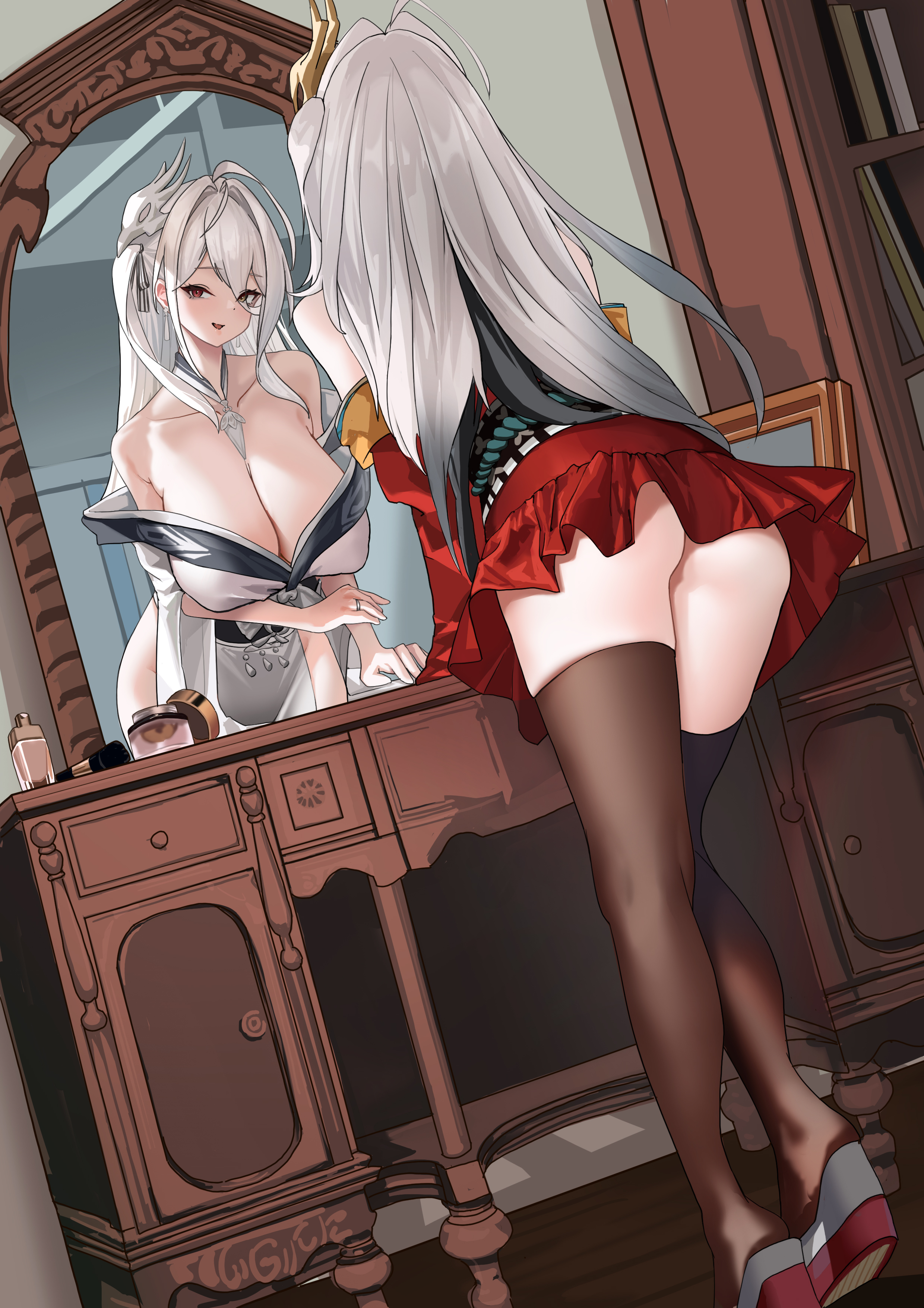 hakuhou (azur lane), taihou (azur lane), azur lane, absurdres, highres, 1girl, ahoge, ame (3333), breasts, cleavage, cosplay, from behind, hair between eyes, hair intakes, huge breasts, japanese clothes, kimono, long bangs, long hair, long hair between eyes, looking at viewer, mask, mask on head, mirror, platform sandals, red kimono, reflection, sandals, smile, solo, standing, taihou (azur lane) (cosplay), thighhighs, white hair, white kimono
