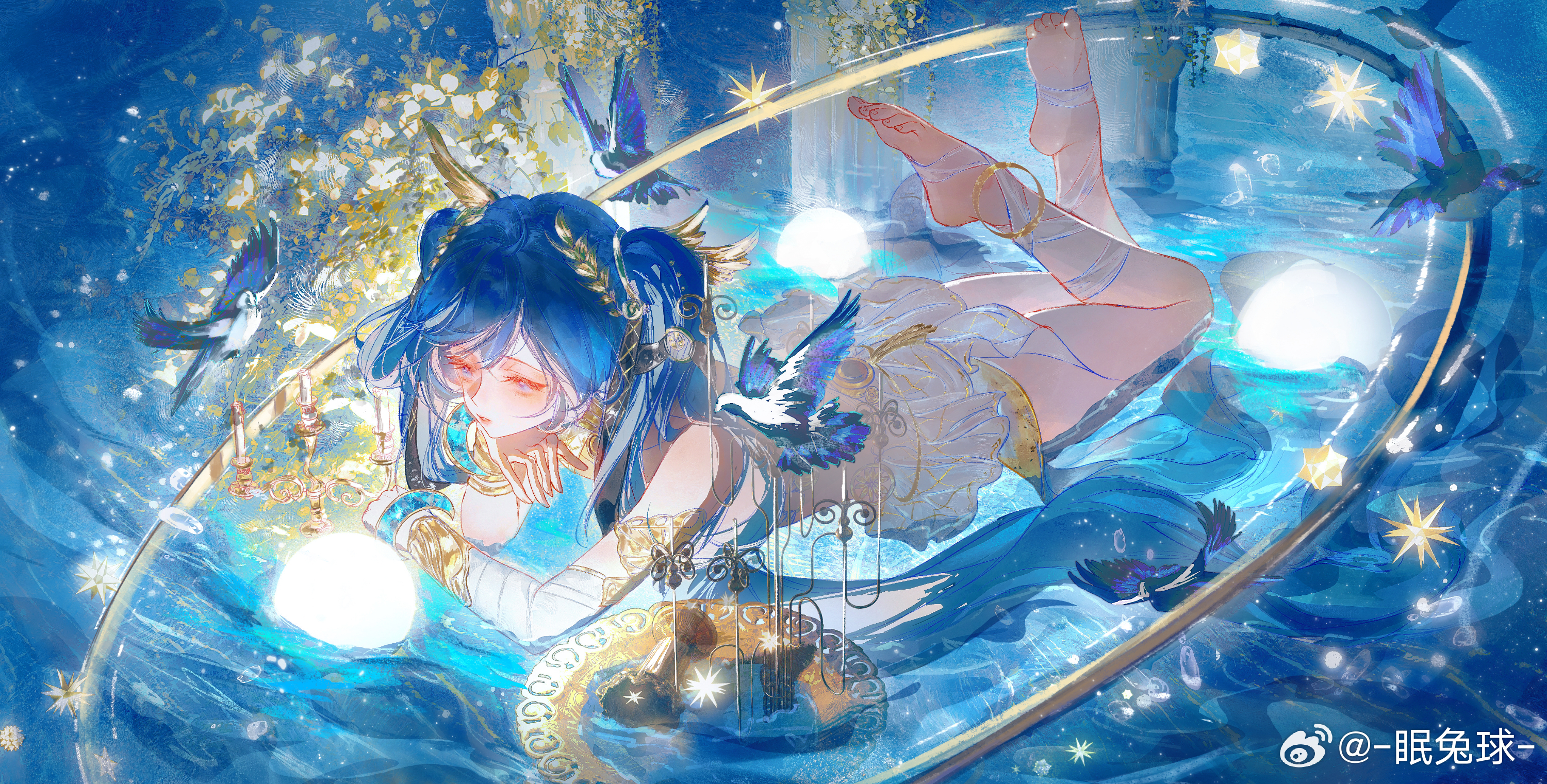 mian tu qiu, iuno (wuthering waves), wuthering waves, highres, 1girl, armlet, bare shoulders, barefoot, bird, blue eyes, blue hair, feet, hair belt, head rest, head wreath, jewelry, leg wrap, long hair, looking ahead, lying, missing commentary, on stomach, orb, parted lips, solo, the pose, thighs, toes, very long hair