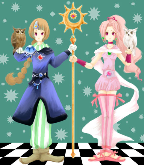 palom, porom, porom (adult), final fantasy, final fantasy iv, final fantasy iv: the after years, 1990s (style), 1boy, 1girl, bird, bird on hand, brother and sister, cape, long hair, owl, pink eyes, pink hair, ponytail, retro artstyle, sandals, siblings, staff, thighhighs, twins, zettai ryouiki