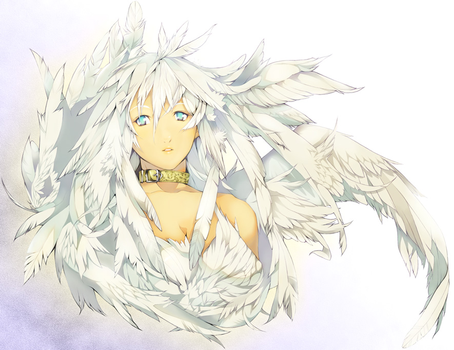 tsujisaki, original, bad id, bad pixiv id, tagme, blue eyes, collar, feathers, solo