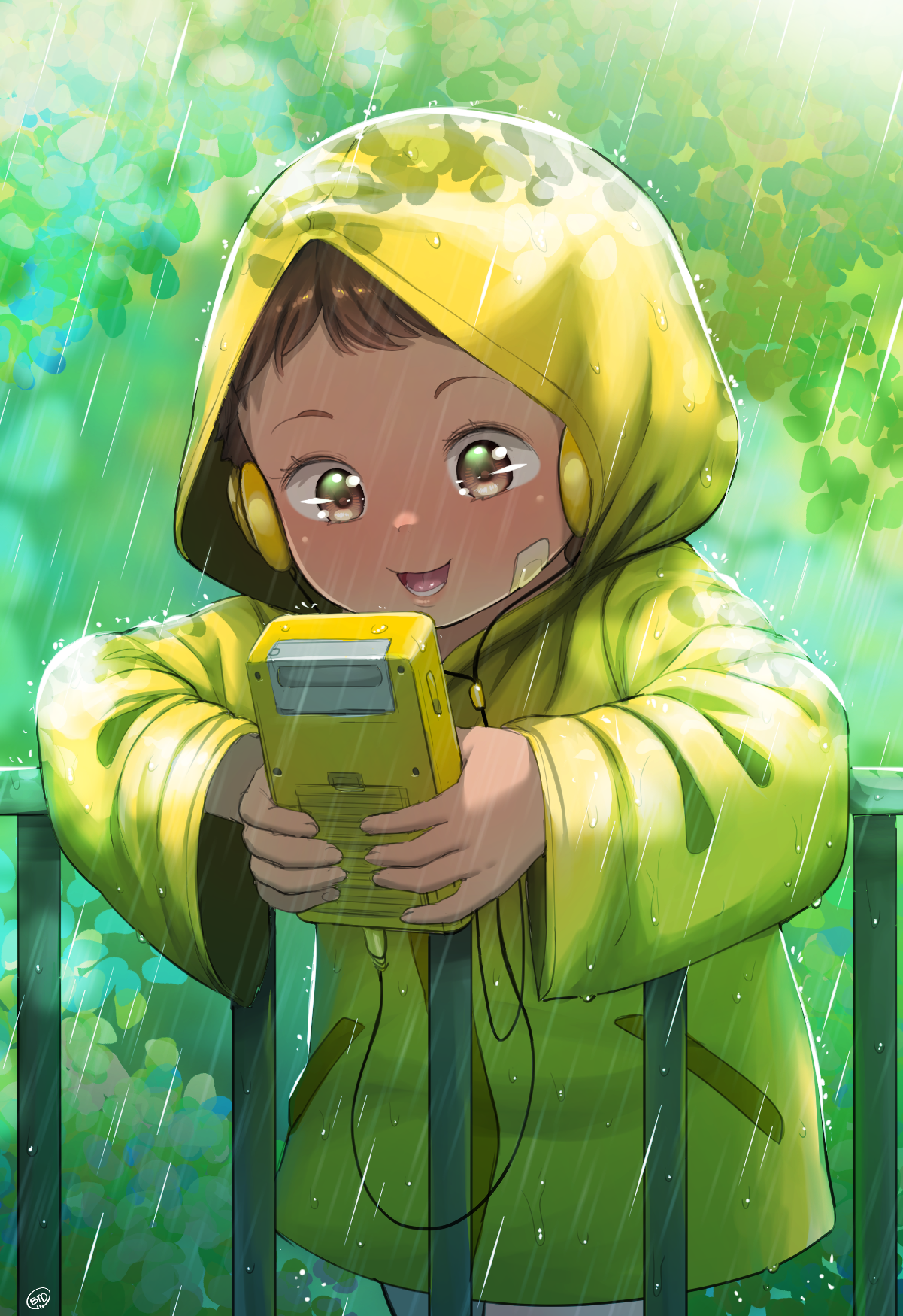 born-to-die, original, commentary, english commentary, highres, 1girl, bandaid, bandaid on cheek, bandaid on face, brown eyes, brown hair, game boy, handheld game console, headphones, hood, hooded jacket, jacket, open mouth, rain, short hair, solo, wet jacket, yellow jacket