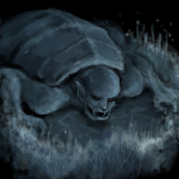 cagnazzo, final fantasy, final fantasy iv, lowres, 1990s (style), 1boy, blue theme, male focus, monochrome, monster, no humans, open mouth, sharp teeth, solo, splashing, teeth, upper body, water
