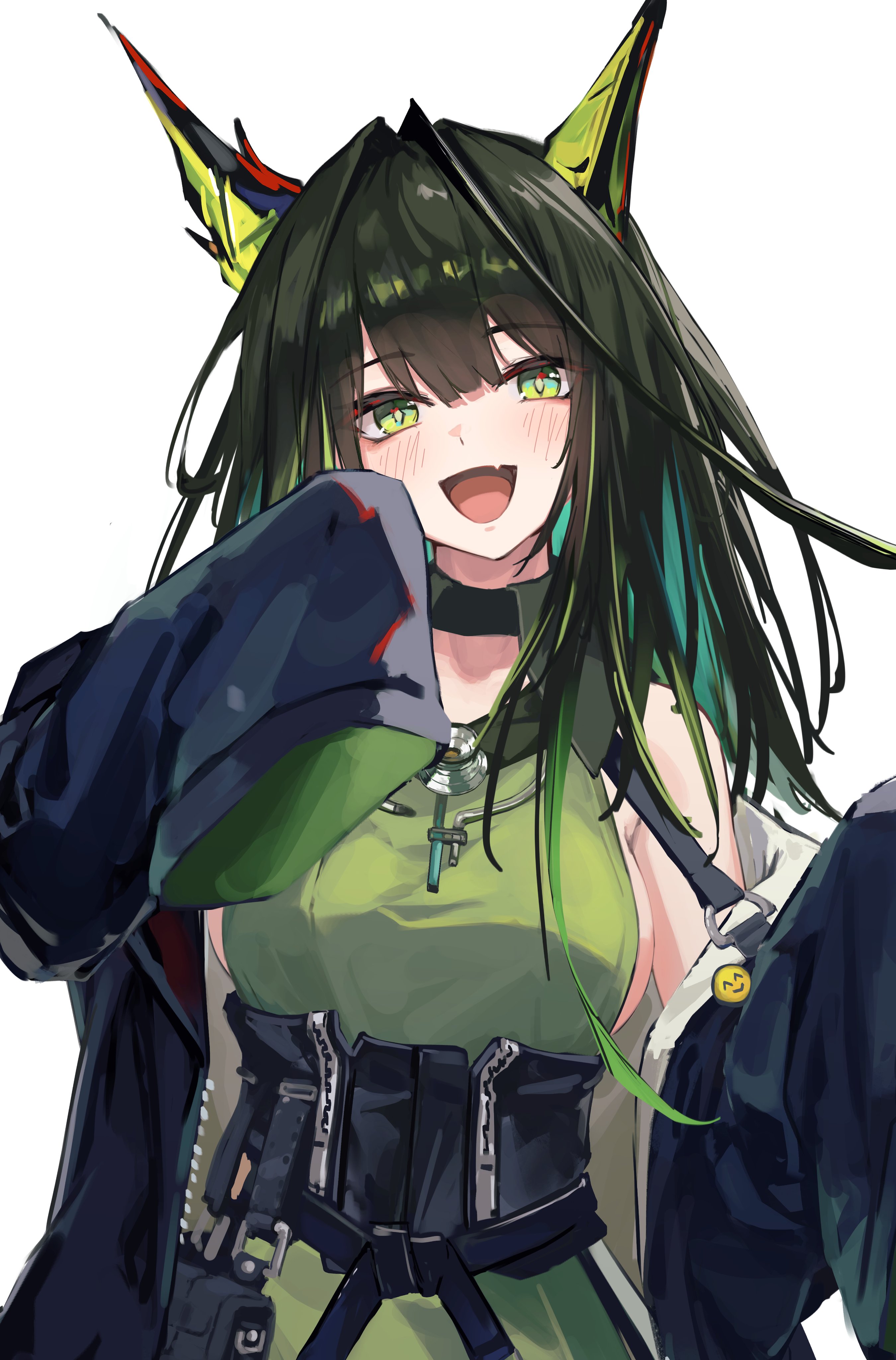nekomatamago, mon3tr (arknights), arknights, absurdres, highres, 1girl, :d, aqua hair, bare shoulders, black hair, black jacket, black sash, blush, breasts, colored inner hair, emoji, fang, green eyes, green hair, jacket, long hair, looking at viewer, medium breasts, multicolored hair, off shoulder, open mouth, sash, simple background, skin fang, sleeves past fingers, sleeves past wrists, smile, solo, white background