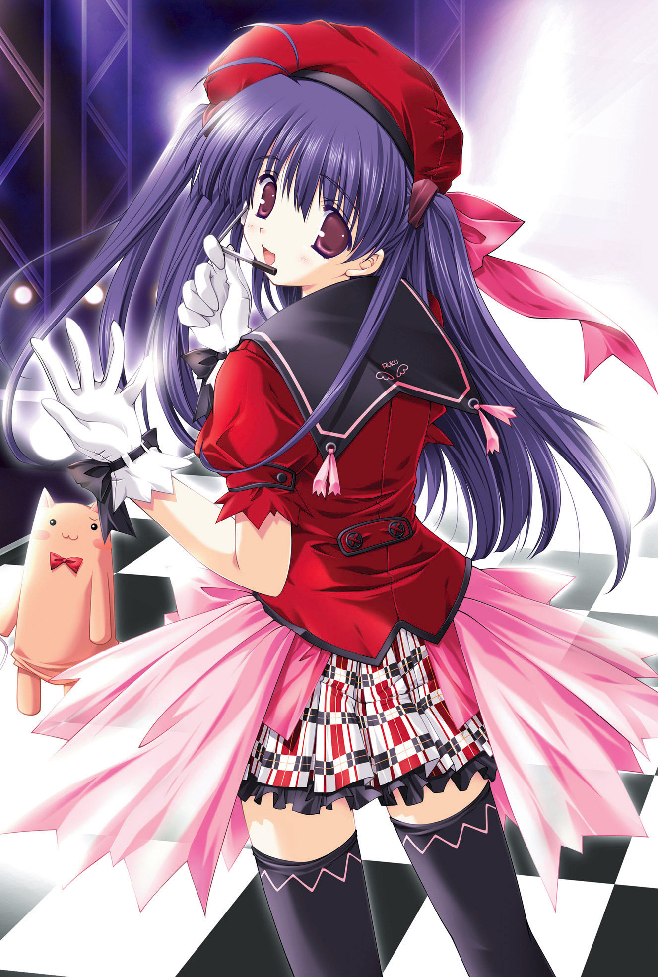 ikegami akane, highres, :3, black thighhighs, gloves, hat, headset, looking back, microphone, pink eyes, purple hair, ribbon, solo, thighhighs