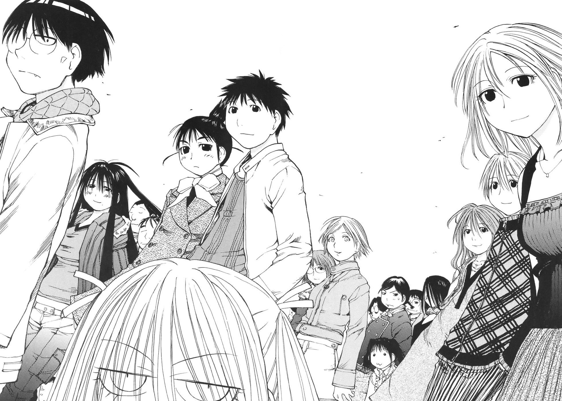 kato, kio shimoku, angela burton, asada, asada naoko, haraguchi, kasukabe saki, katou (genshiken), kousaka makoto, kugayama mitsunori, madarame harunobu, ogiue chika, oono kanako, sasahara kanji, sasahara keiko, shodai kaichou, susanna hopkins, takayanagi, tanaka souichirou, yabusaki, yabusaki kumiko, genshiken, highres, official art, 00s, 6+boys, 6+girls, :3, black hair, bow, everyone, fang, frackles, freckles, glasses, greyscale, long hair, mole, mole under eye, monochrome, multiple boys, multiple girls, ribbon, simple background, white background
