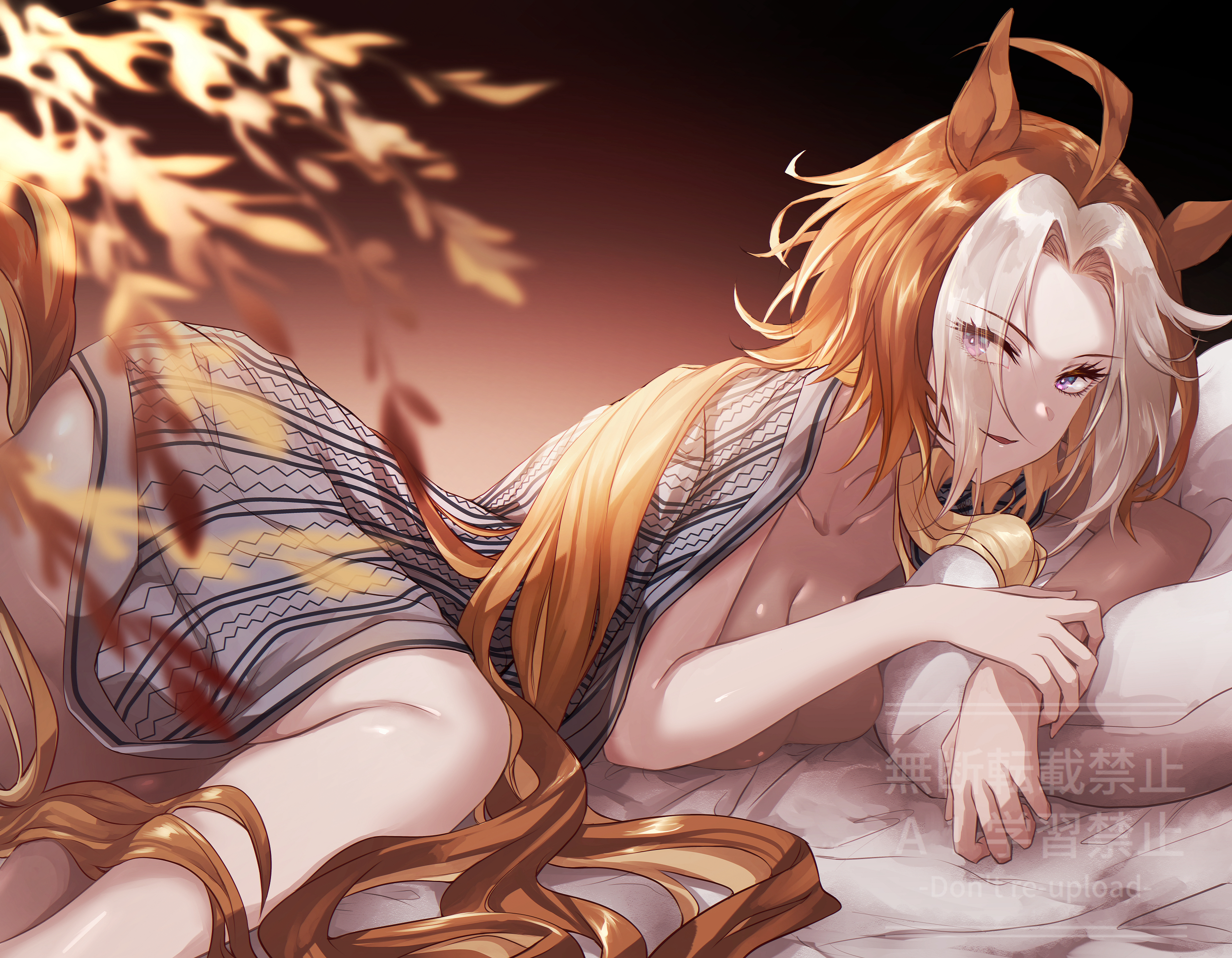 yue (lov n n), orfevre (umamusume), umamusume, highres, 1girl, animal ears, breasts, cleavage, collarbone, horse ears, horse girl, horse tail, japanese clothes, kimono, lying, multicolored hair, orange hair, purple eyes, solo, tail