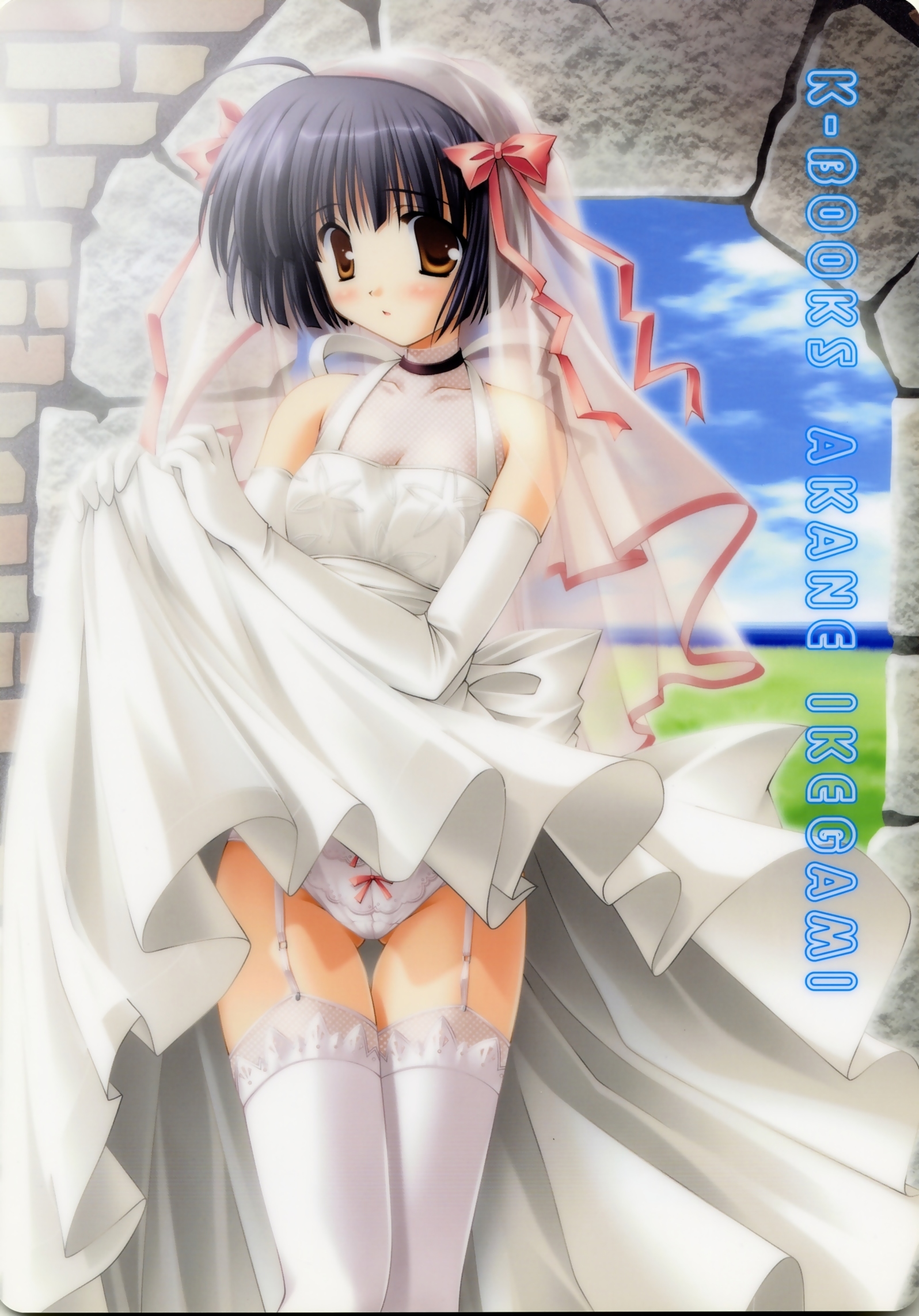 ikegami akane, highres, 1girl, blue hair, bow, bow panties, bridal veil, bride, brown eyes, clothes lift, cloud, day, dress, dress lift, elbow gloves, female focus, garter belt, gloves, panties, ribbon, short hair, skirt, skirt lift, sky, solo, thighhighs, underwear, veil, wedding dress, white panties