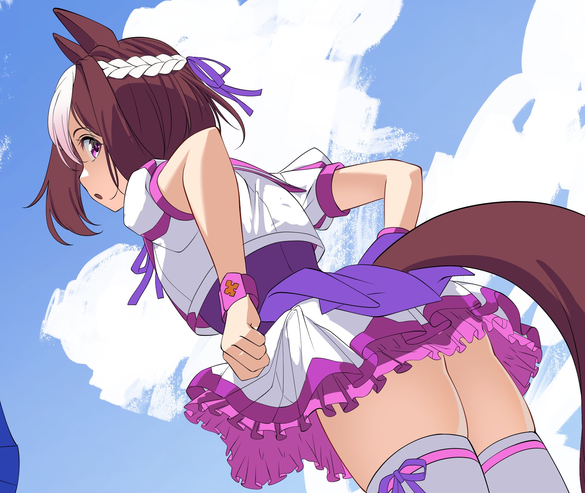 nyanmaru, special week (special dreamer) (umamusume), special week (umamusume), umamusume, highres, 1girl, adjusting clothes, adjusting skirt, animal ears, ass, bow, brown hair, cloud, cloudy sky, cropped jacket, day, dutch angle, frilled skirt, frills, from below, horse ears, horse girl, horse tail, layered skirt, looking at viewer, multicolored hair, open mouth, pleated skirt, puffy short sleeves, puffy sleeves, purple bow, purple eyes, ribbon-trimmed thighhighs, ribbon trim, short hair, short sleeves, skindentation, skirt, sky, standing, tail, thighhighs, two-tone hair, white hair, white skirt, white thighhighs, wrist cuffs, zettai ryouiki