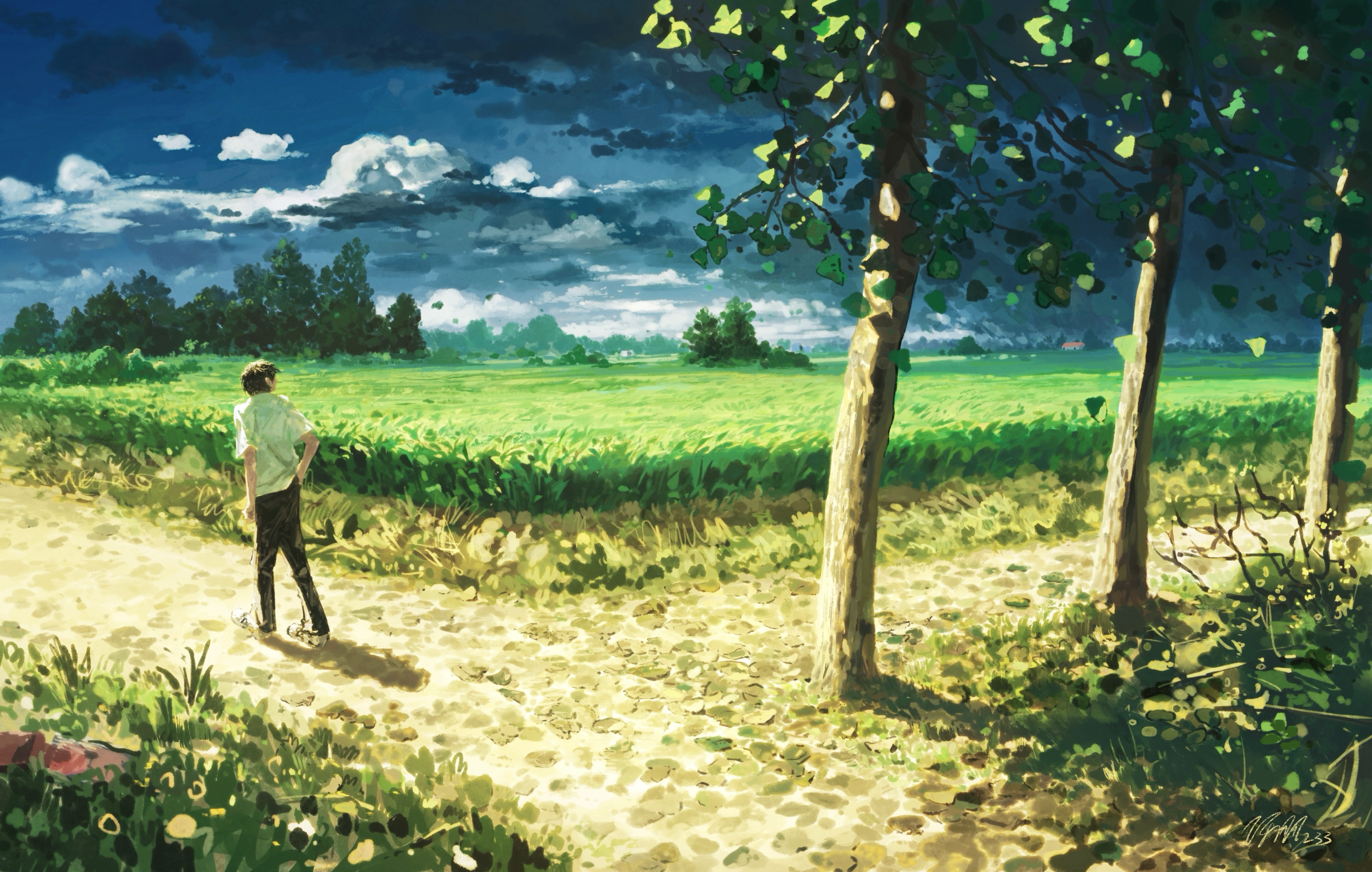 feitu233, original, absurdres, commentary request, highres, 1boy, black hair, black pants, cloud, cloudy sky, field, from behind, grass, male focus, nature, outdoors, pants, path, road, scenery, shirt, short hair, short sleeves, signature, sky, solo, sunlight, tree, very short hair, walking, white shirt, wide shot
