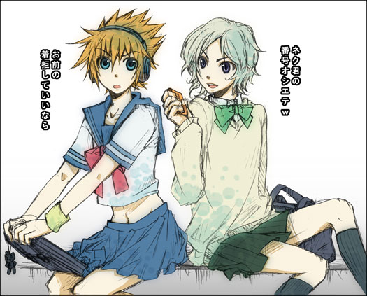 kiryu yoshiya, sakuraba neku, subarashiki kono sekai, silver hair, 2boys, blue eyes, bow, crossdressing, crossdressing (mtf), grey eyes, male focus, multiple boys, orange hair, school uniform, serafuku, simple background, trap