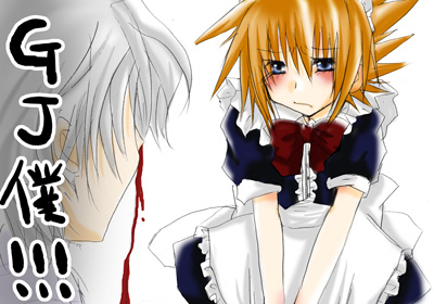 sakuraba neku, subarashiki kono sekai, silver hair, lowres, 2boys, blood, blue eyes, blush, bow, maid, multiple boys, nosebleed, orange hair, trap