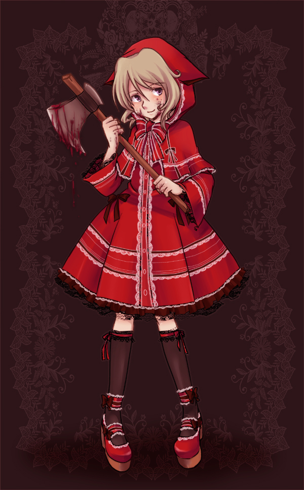 kiryu yoshiya, subarashiki kono sekai, tagme, 1boy, axe, blood, bow, frills, full body, hood, male focus, solo, trap, weapon