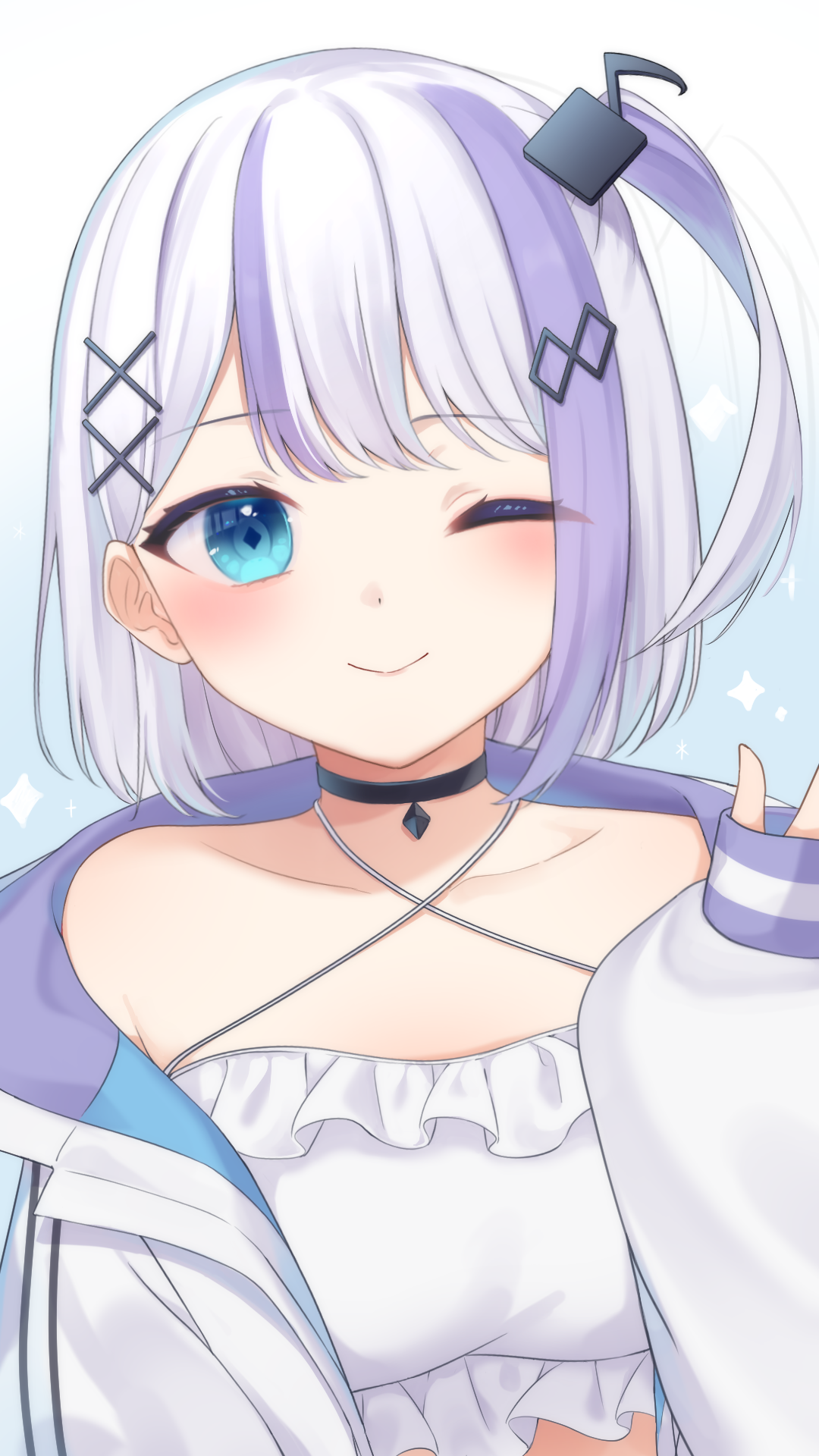 amakami konomi (artist), highres, 1girl, aqua eyes, blue eyes, eighth note, fortissimo, grey hair, hair ornament, million production, multicolored hair, musical note, musical note hair ornament, nonono nono, one eye closed, purple hair, smile, streaked hair, virtual youtuber, x hair ornament