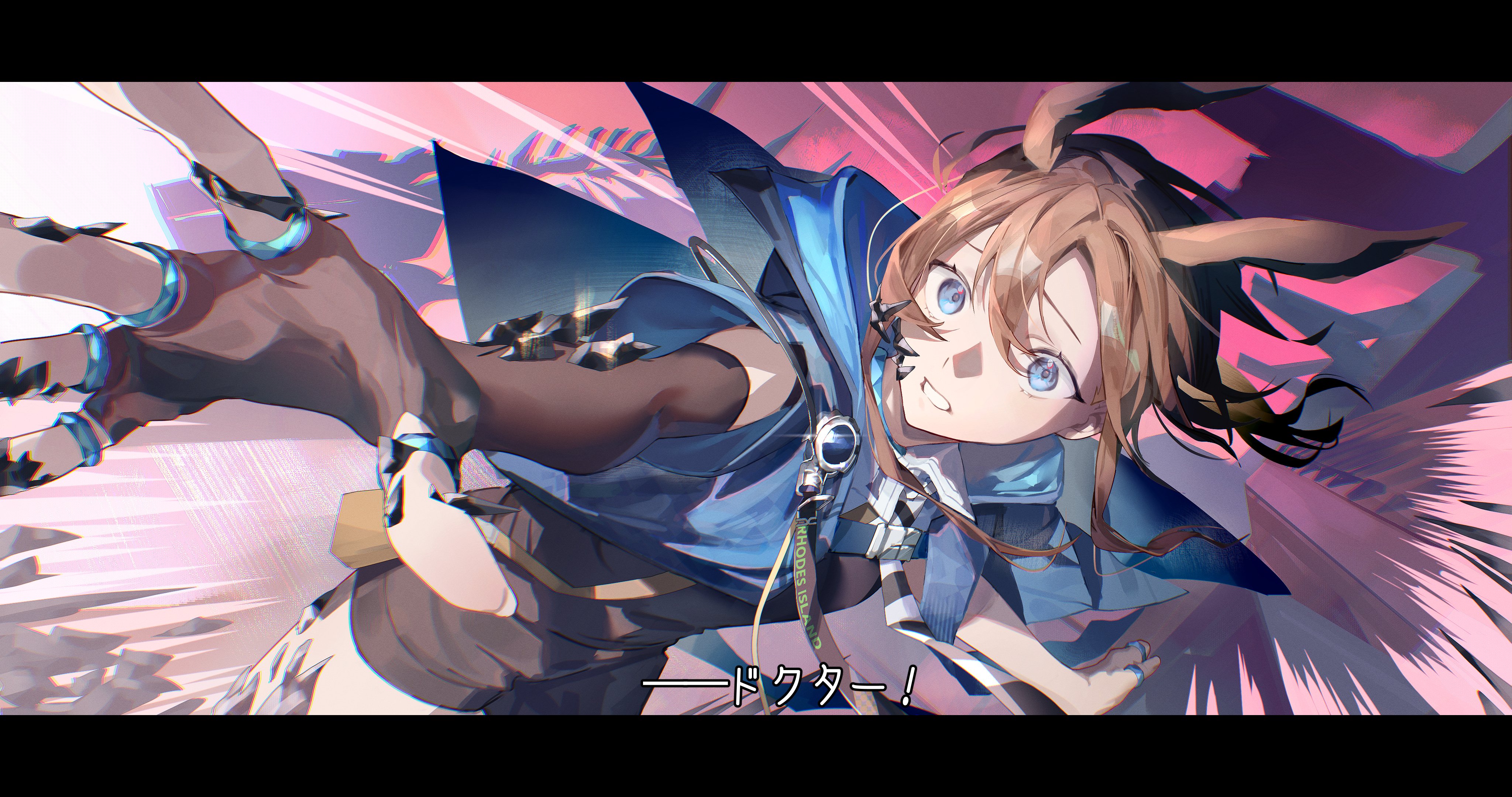 erulusyro, amiya (arknights), arknights, absurdres, highres, 1girl, animal ears, bag, blue eyes, brown hair, buckle, chinese text, chromatic aberration, detached sleeves, dutch angle, english text, fingernails, hair between eyes, hood, hooded jacket, jacket, jewelry, letterboxed, long hair, looking at viewer, material growth, multiple rings, necktie, open clothes, open jacket, oripathy lesion (arknights), rabbit ears, rabbit girl, reaching, reaching towards viewer, red sky, rhodes island logo (arknights), ring, short shorts, shorts, shoulder bag, single detached sleeve, skeleton, sky, sleeveless, sleeveless jacket, solo, strap, thumb ring, wide-eyed, worried