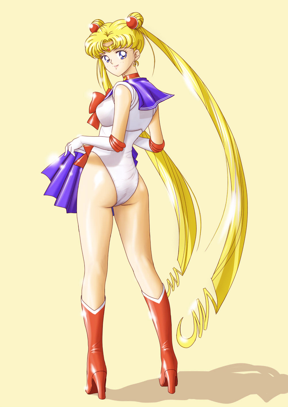 mr. r (2ch's sailor moon thread), sailor moon, tsukino usagi, bishoujo senshi sailor moon, highres, 1990s (style), 1girl, ass, blonde hair, blue eyes, blue sailor collar, boots, bow, female focus, full body, high heels, knee boots, leotard, long hair, magical girl, red bow, retro artstyle, sailor collar, shoes, skirt, solo, twintails, undressing, unworn skirt, very long hair