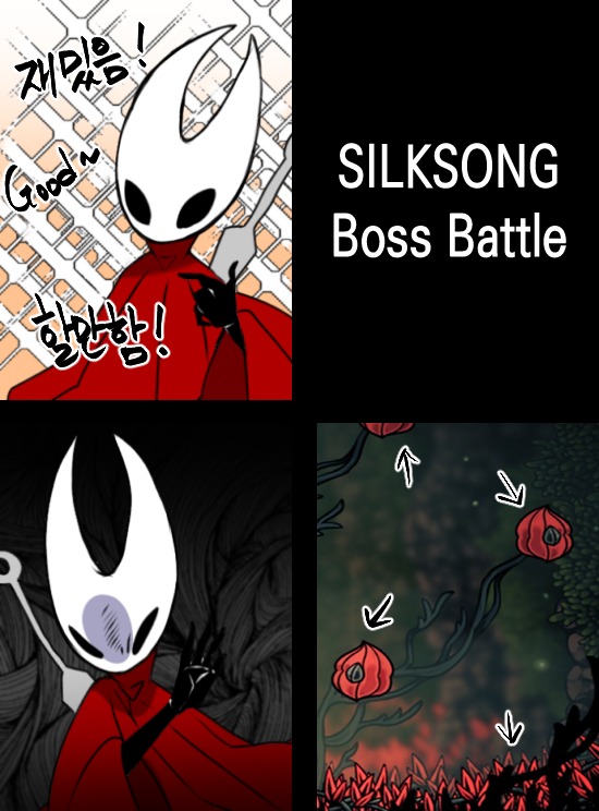 uni (unnny), hornet (hollow knight), hollow knight, hollow knight: silksong, commentary, hashtag-only commentary, translation request, 1girl, arrow (symbol), cloak, drakeposting (meme), horned mask, korean text, mask, meme, pin (hollow knight), pointing, red cloak, sparkle background