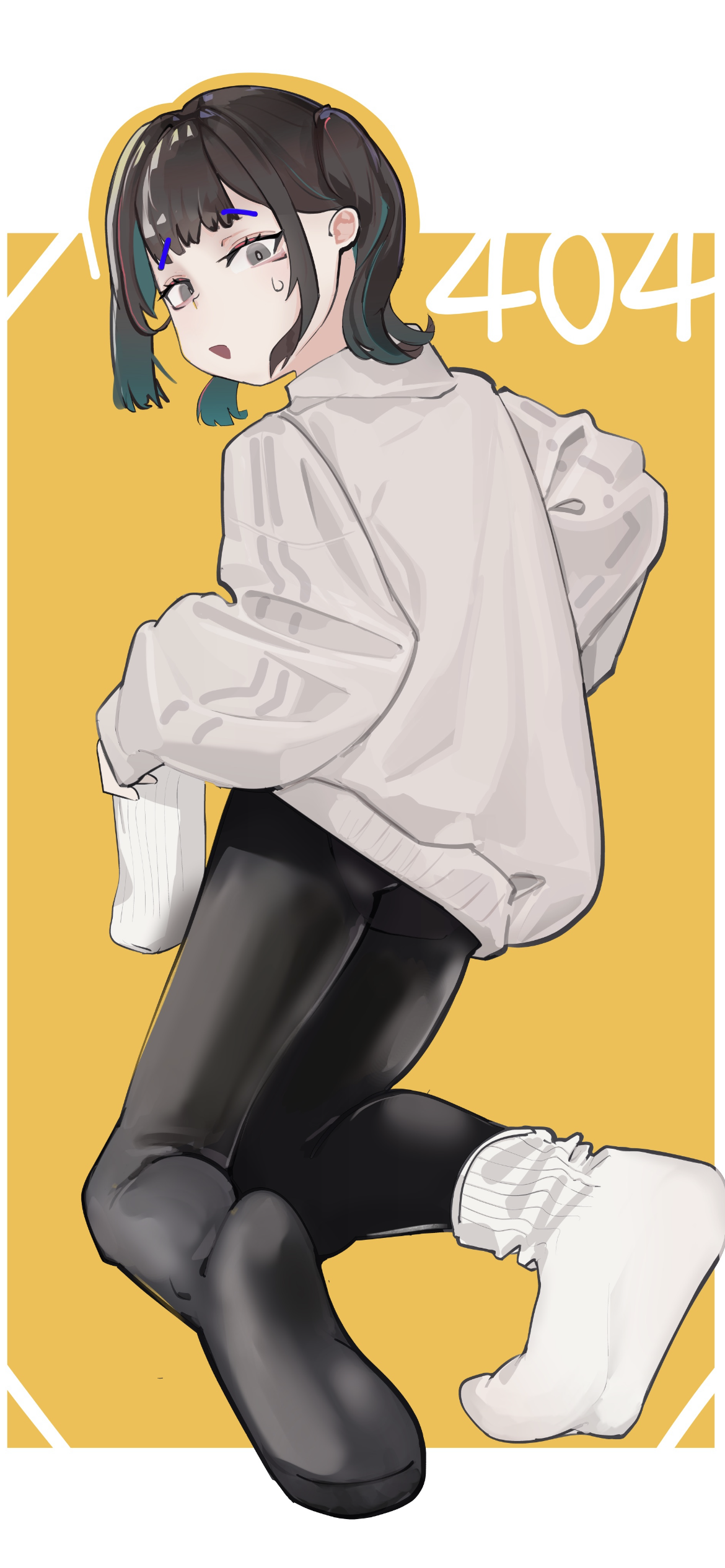 innosick, original, absurdres, highres, colored inner hair, feet, looking back, multicolored hair, no shoes, pantyhose, socks, soles, sweater, white socks