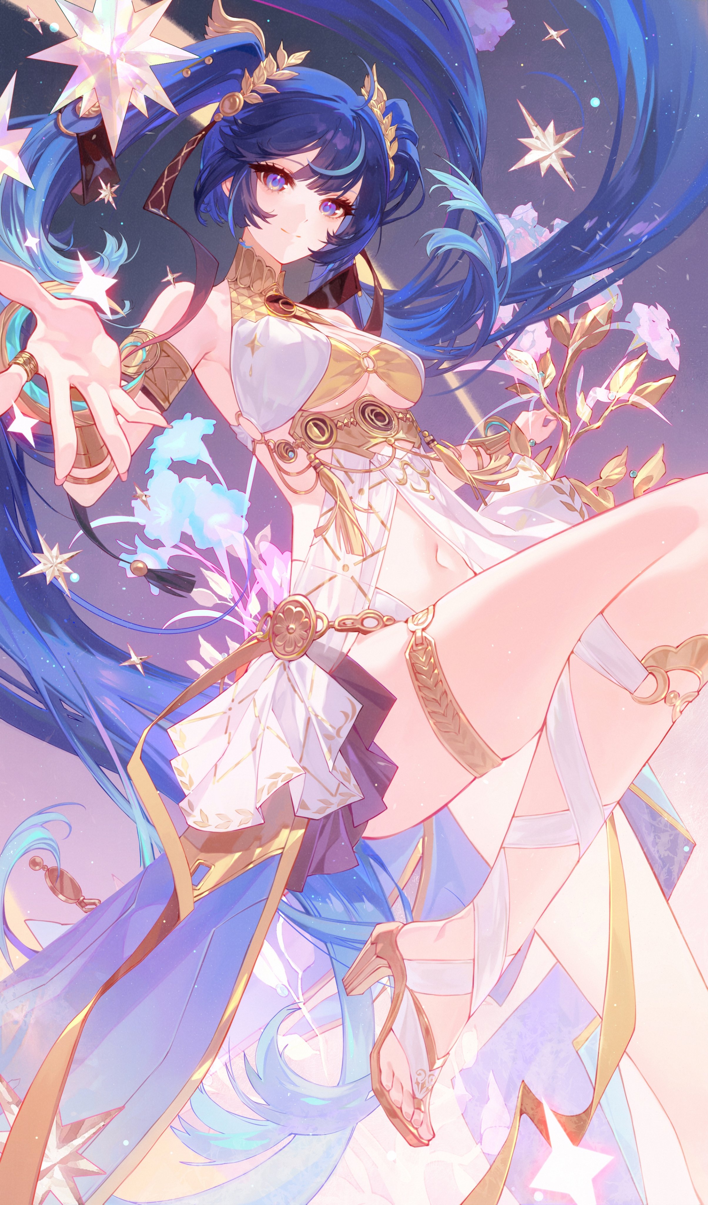 shachang, iuno (wuthering waves), wuthering waves, absurdres, chinese commentary, commentary request, highres, 1girl, ancient greek clothes, black skirt, blue eyes, blue hair, breasts, cleavage, closed mouth, foot out of frame, gladiator sandals, gold bra, greco-roman clothes, hair belt, hand up, head wreath, jewelry, long hair, looking at viewer, medium breasts, miniskirt, navel, sandals, skirt, smile, solo, stomach, thighlet, thighs, twintails, very long hair