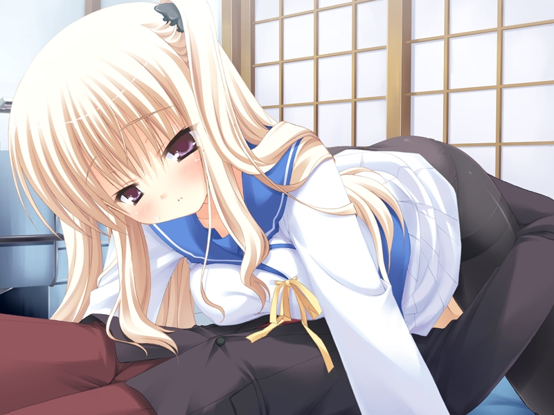 kobuichi, muririn, hibarigaoka yuki, bra-ban!, game cg, 1boy, 1girl, 69, ass, black pantyhose, blonde hair, blush, girl on top, mole, mole under eye, panties, panties under pantyhose, pantyhose, purple eyes, school uniform, serafuku, solo focus, thighband pantyhose, twintails, underwear