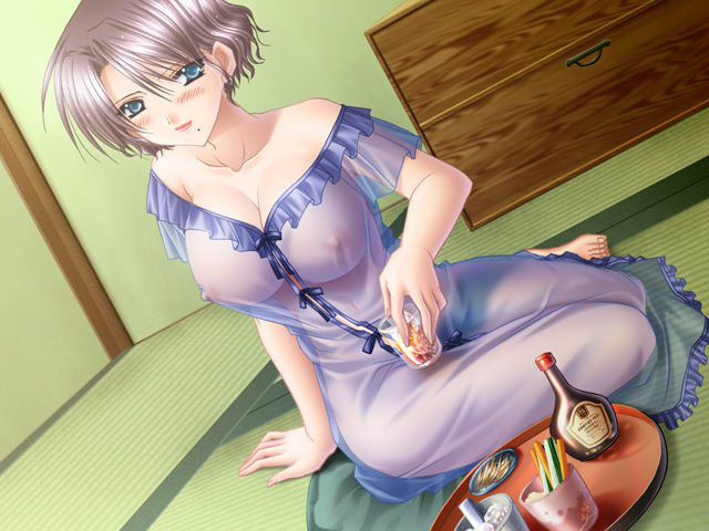 ryuuga shou, tachibana mai, yureru bus guide, 1girl, barefoot, blue eyes, blush, bow, breasts, brown hair, cleavage, collarbone, covered erect nipples, drink, female focus, fingernails, food, indoors, lingerie, looking at viewer, mole, nightgown, nipples, ribbon, see-through clothes, shiny skin, short hair, sitting, solo, tatami, toenails, underwear