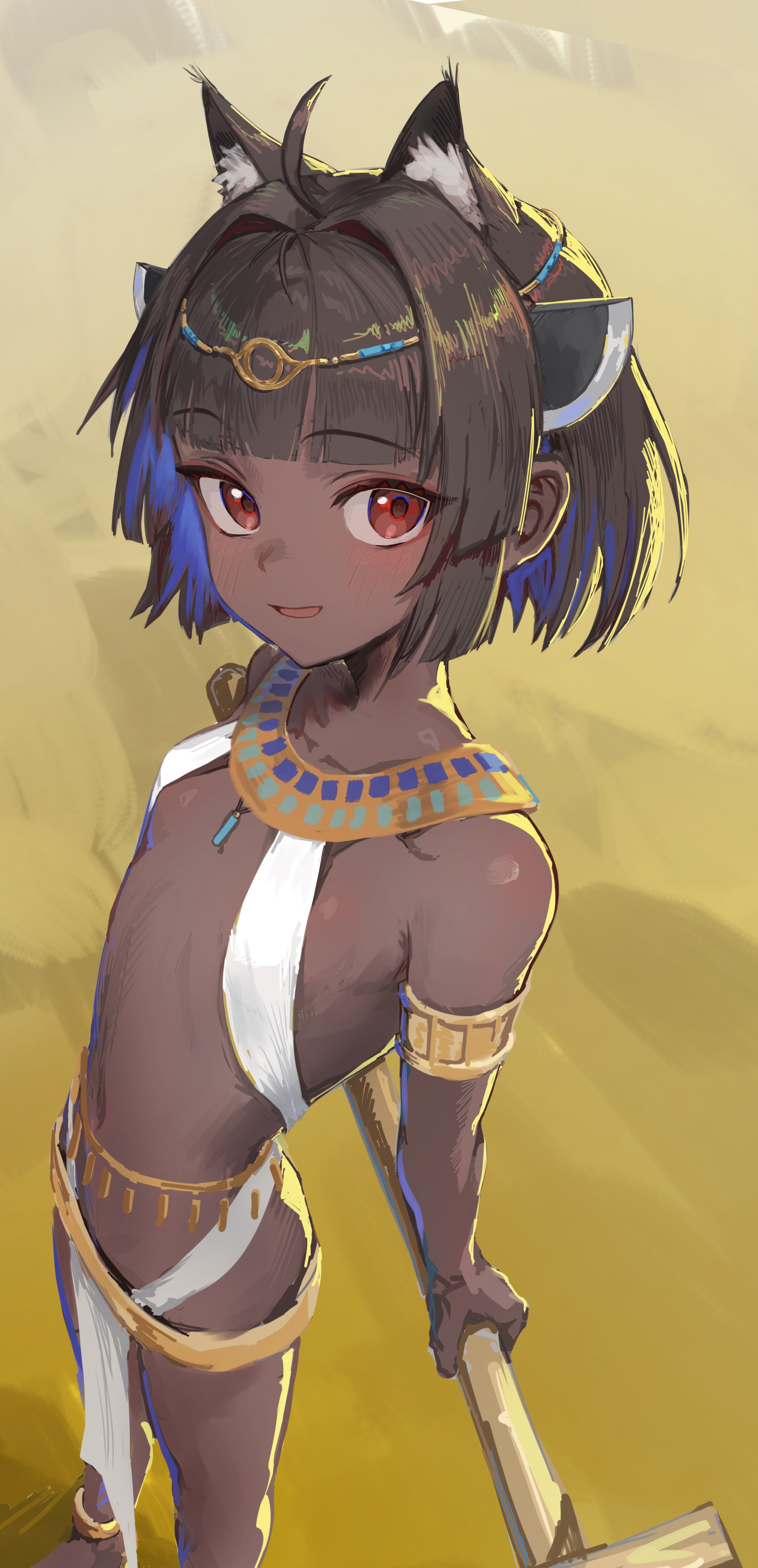 touhoku kiritan, voiceroid, absurdres, commentary, highres, 1girl, ahoge, akayudofu, alternate hair color, alternate skin color, ancient egyptian clothes, animal ear fluff, animal ears, armlet, bare arms, bare legs, bare shoulders, belly chain, black hair, blue hair, blunt bangs, cat ears, collarbone, dark-skinned female, dark skin, extra ears, holding, holding staff, if you want to become a godly artist (trend), jewelry, kemonomimi mode, looking at viewer, multicolored hair, open mouth, pelvic curtain, red eyes, short hair, smile, solo, staff, two-tone hair, usekh collar
