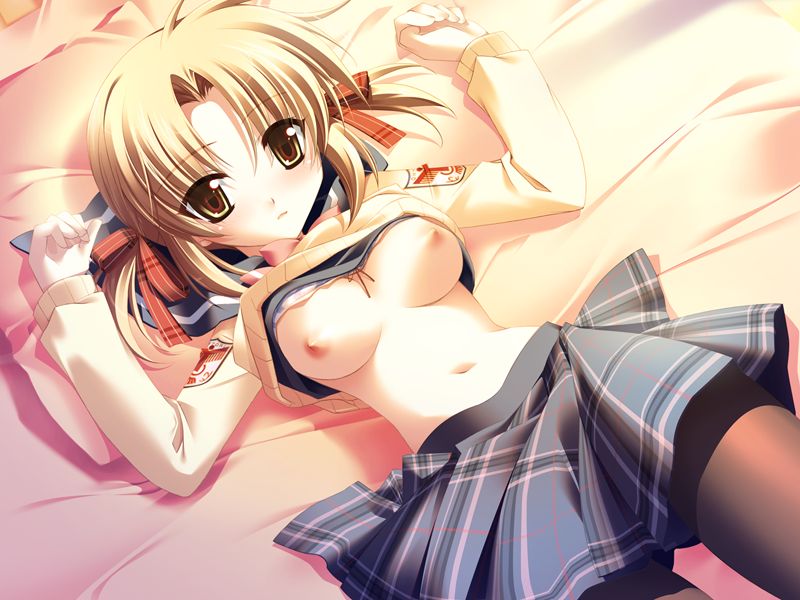 minazuki haruka, shiraishi yukana, mashiro botan, mashirobotan shokai han, 1girl, arms up, bed, blonde hair, blush, breasts, clothes lift, female focus, lying, nipples, pantyhose, pillow, school uniform, serafuku, shirt lift, solo, sweater, twintails, yellow eyes