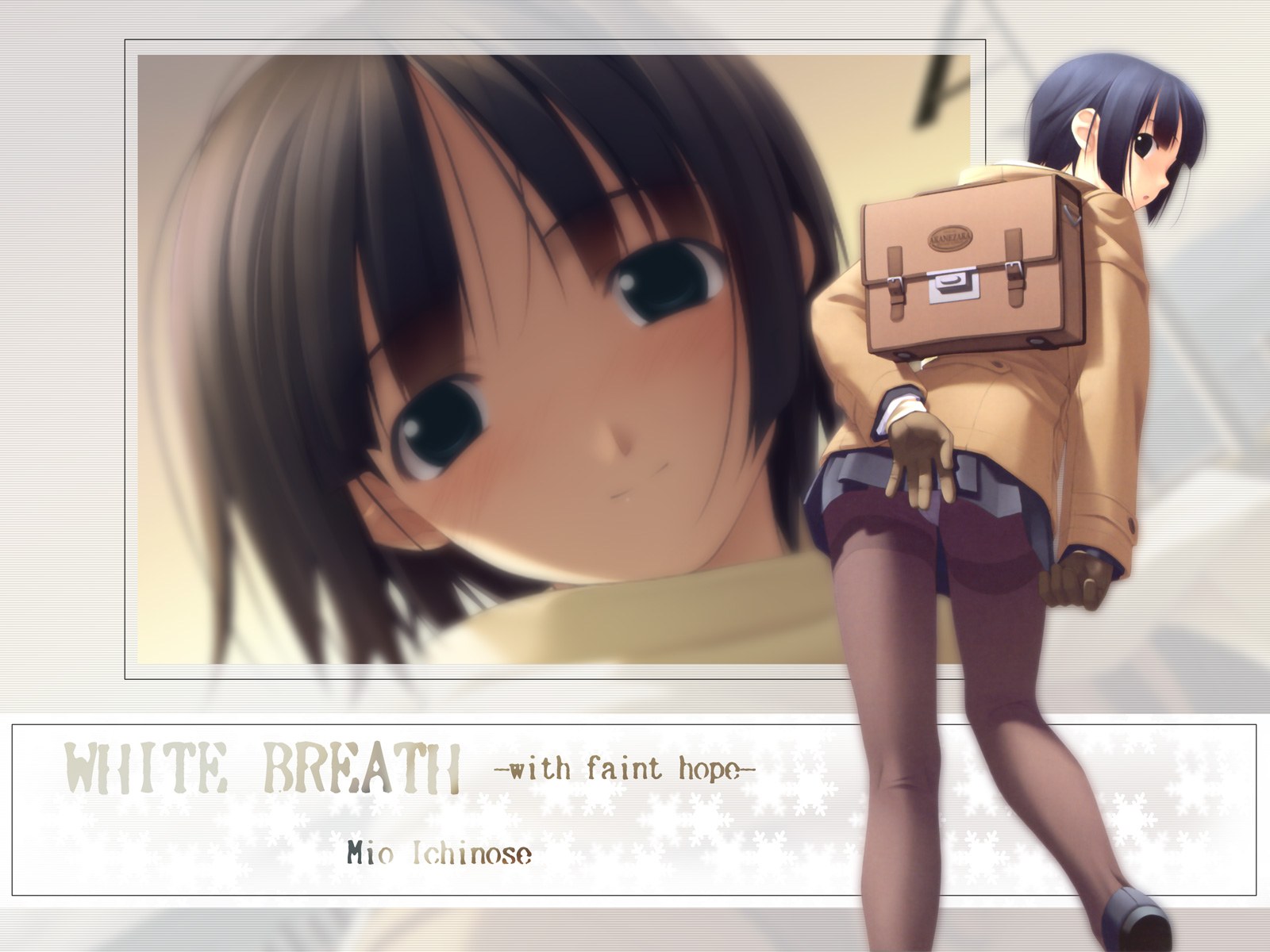 hashimoto takashi, ichinose mio, white breath, highres, 1girl, backpack, bag, black pantyhose, blue eyes, blue hair, coat, gloves, panties, panties under pantyhose, pantyhose, pantyshot, randoseru, school bag, school uniform, serafuku, short hair, smile, thighband pantyhose, underwear, upskirt