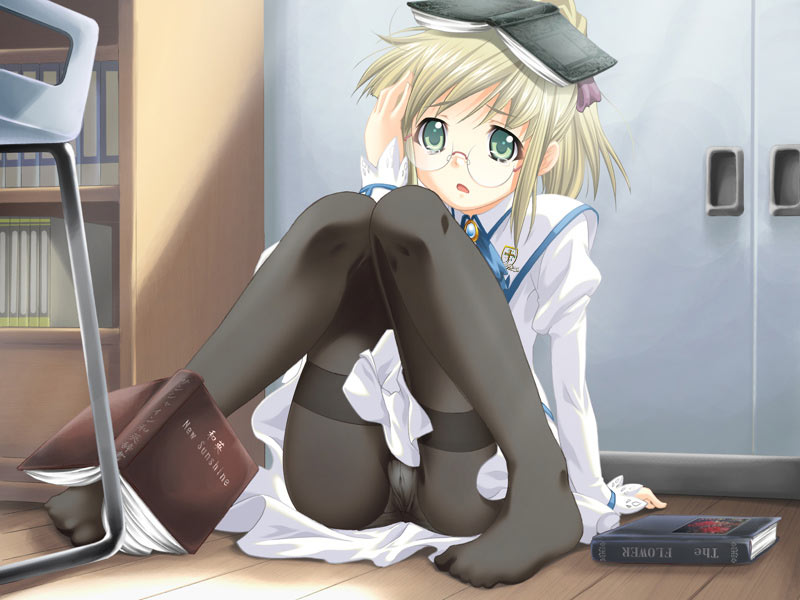 aisaka naoki, angela orsini, cross fire (janis), game cg, 1girl, blonde hair, book, crotch seam, fallen down, female focus, glasses, green eyes, panties, panties under pantyhose, pantyhose, pantyshot, school uniform, serafuku, solo, thighband pantyhose, underwear, upskirt