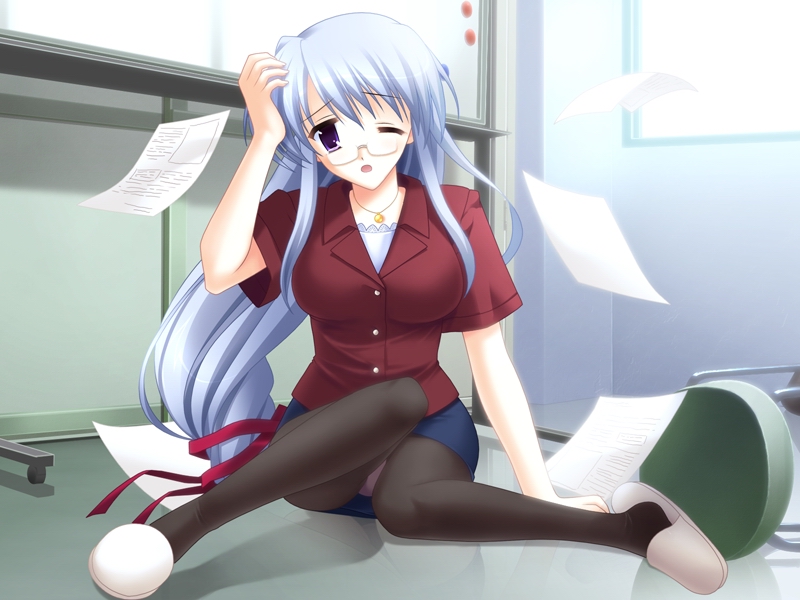 odawara hakone, manabe shizuku, koiiro chu! lips, game cg, 1girl, blue hair, fallen down, female focus, glasses, jewelry, long hair, necklace, panties, panties under pantyhose, pantyhose, pantyshot, pencil skirt, pince-nez, pink panties, purple eyes, ribbon, skirt, slippers, solo, teacher, underwear, upskirt